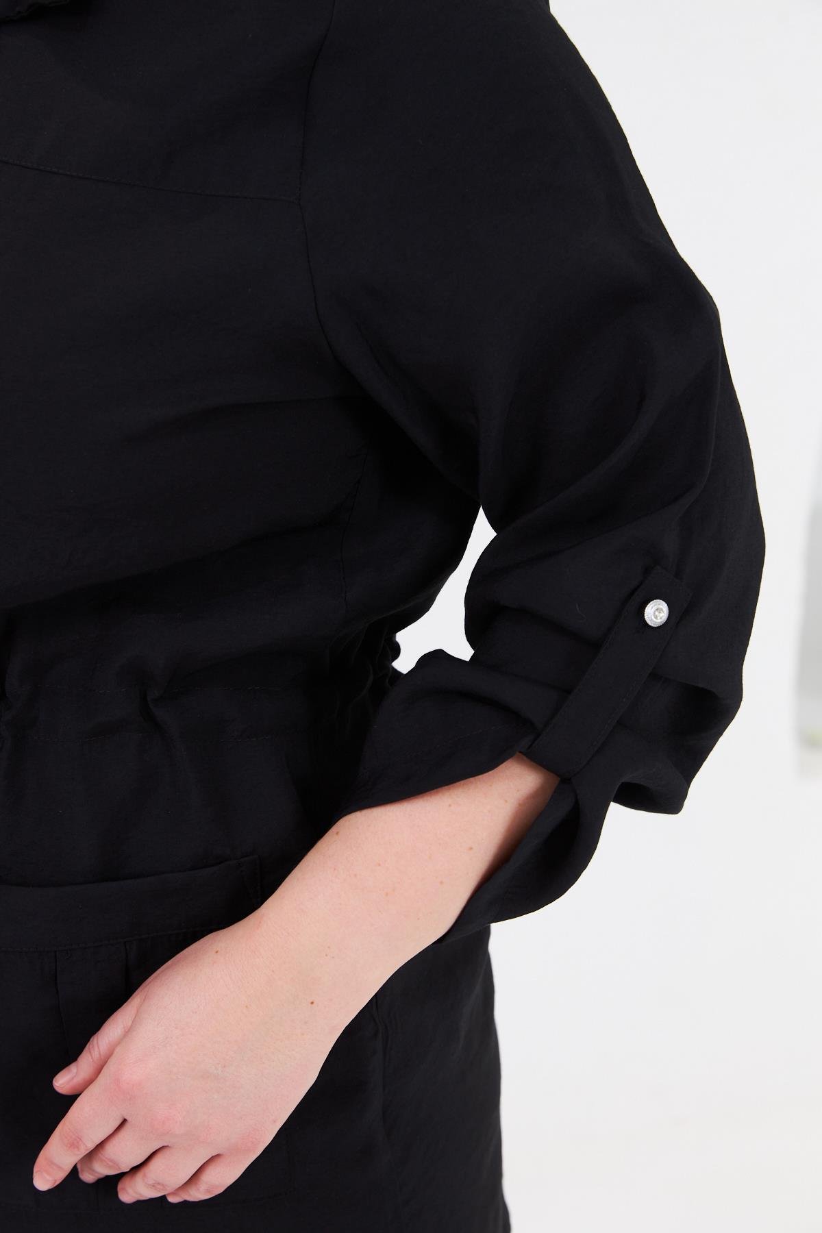 Bel Bağcıklı Cep Detaylı Büyük Beden Ceket Siyah