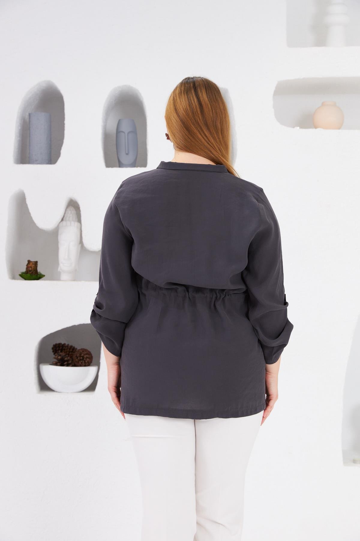 Bel Bağcıklı Cep Detaylı Büyük Beden Ceket Füme