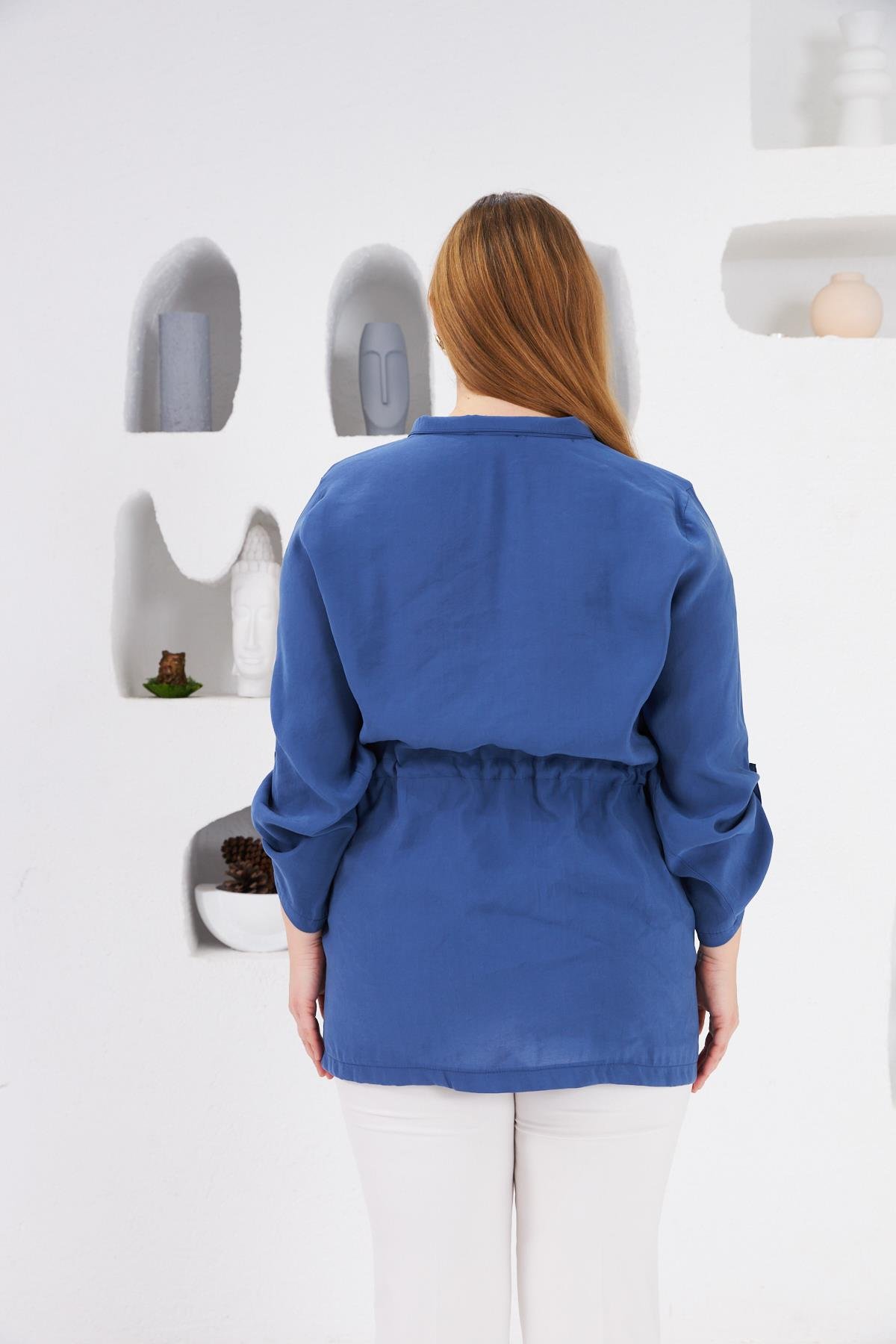 Bel Bağcıklı Cep Detaylı Büyük Beden Ceket İndigo