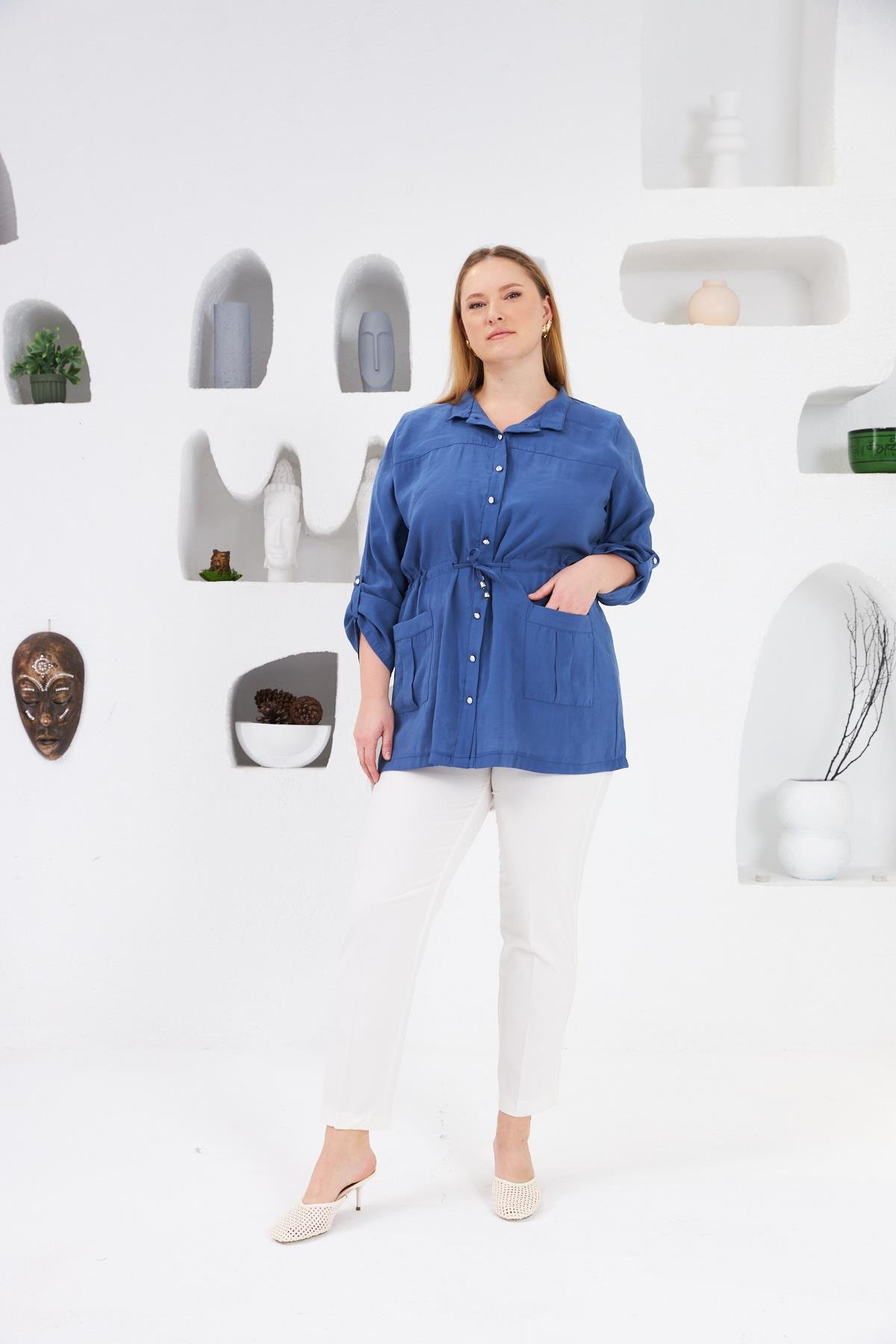 Bel Bağcıklı Cep Detaylı Büyük Beden Ceket İndigo