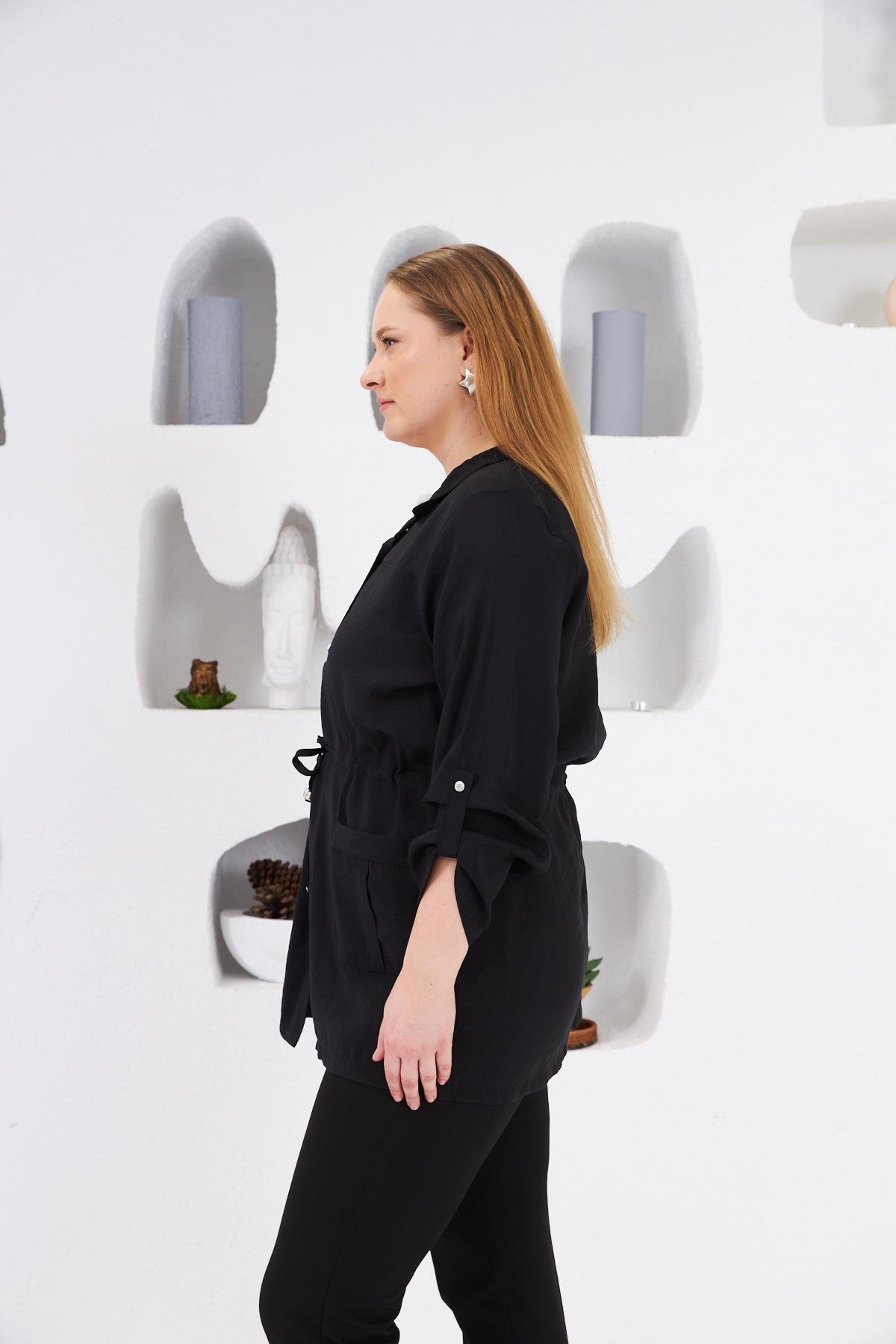 Bel Bağcıklı Cep Detaylı Büyük Beden Ceket Siyah