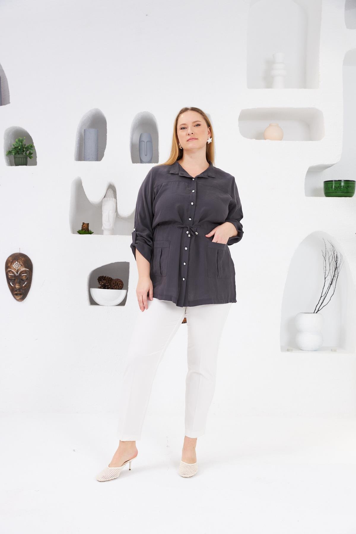 Bel Bağcıklı Cep Detaylı Büyük Beden Ceket Füme