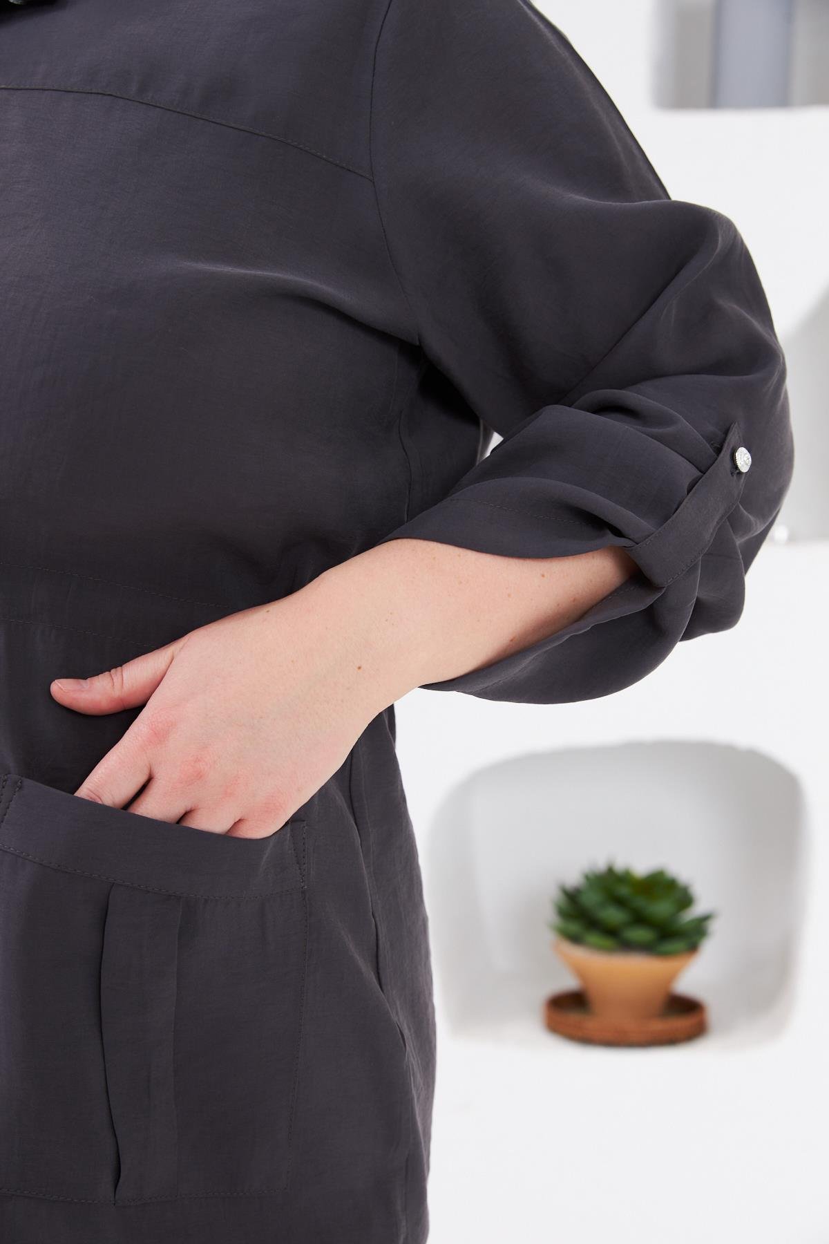 Bel Bağcıklı Cep Detaylı Büyük Beden Ceket Füme