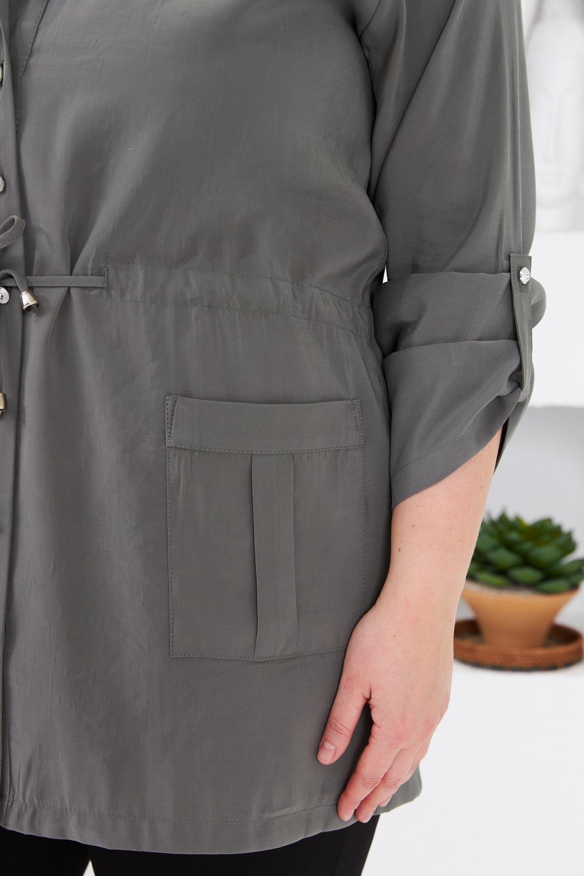 Bel Bağcıklı Cep Detaylı Büyük Beden Ceket Haki