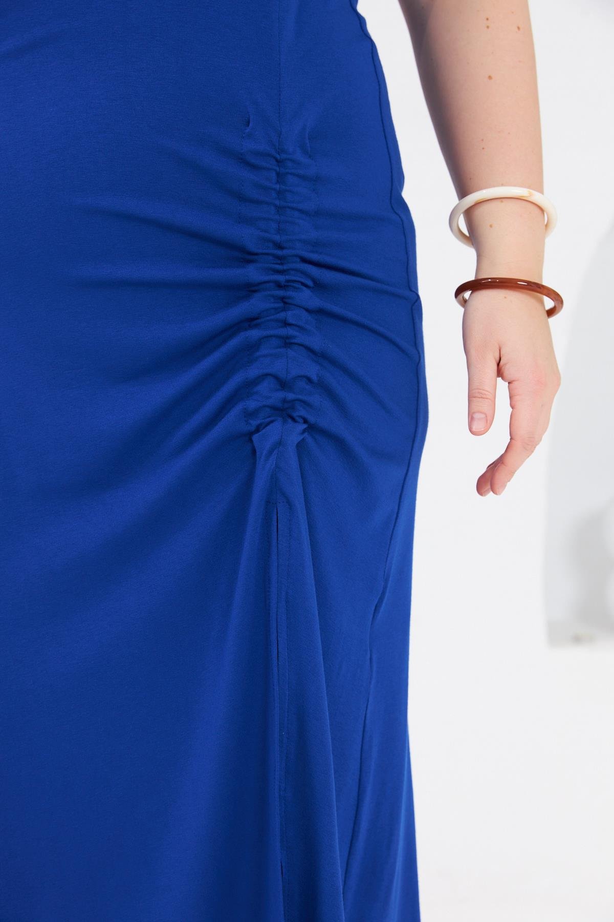 Bel Büzgü Detaylı Büyük Beden Elbise Saks