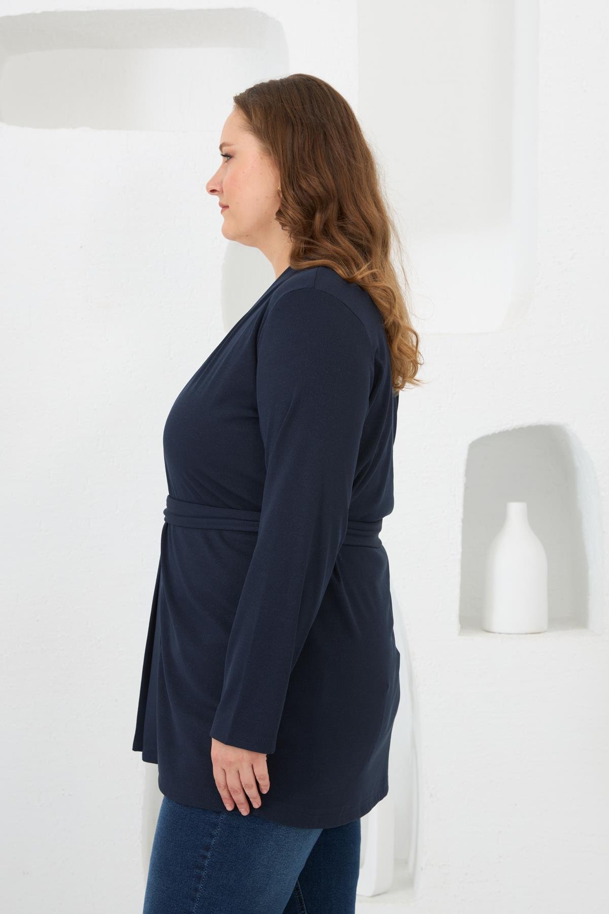 Belden Bağlamalı Örme Büyük Beden Hırka Lacivert