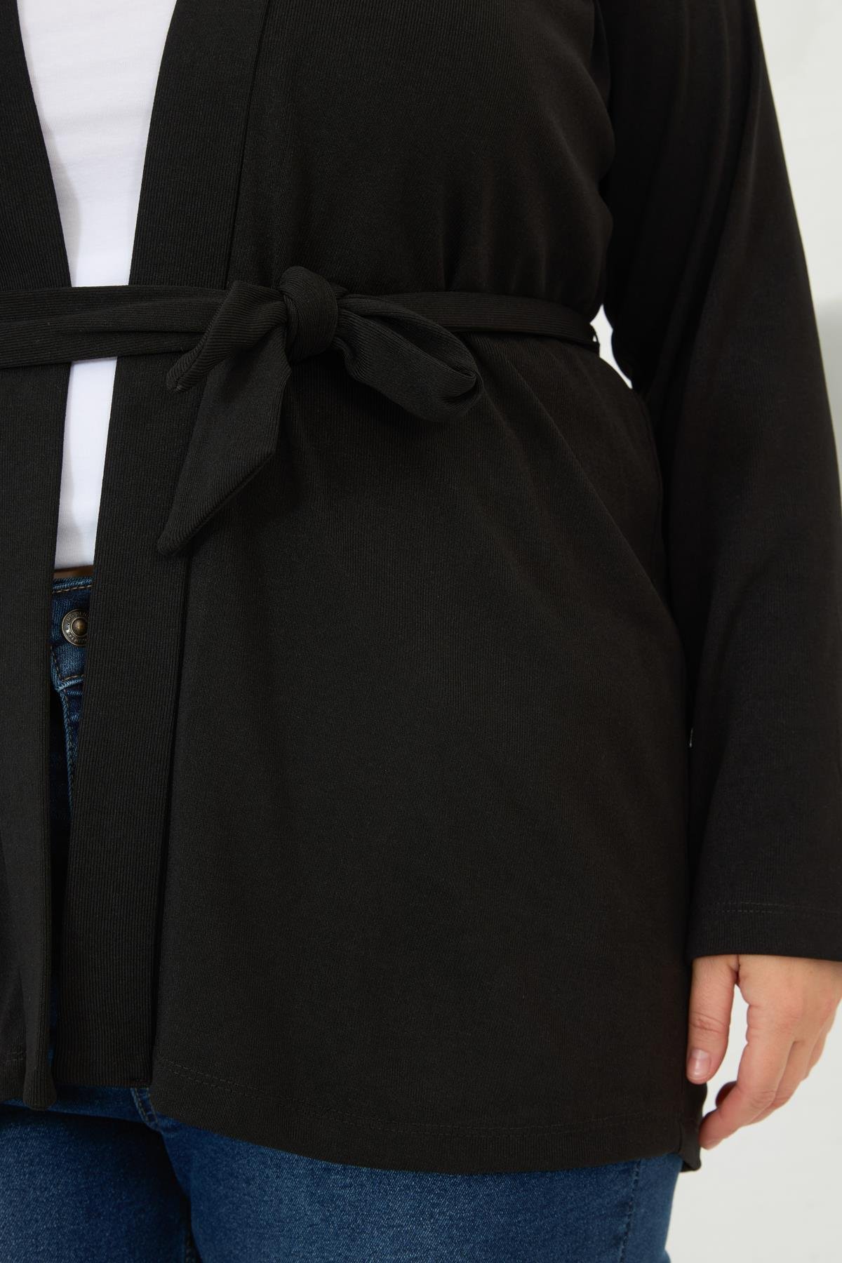 Belden Bağlamalı Örme Büyük Beden Hırka Siyah