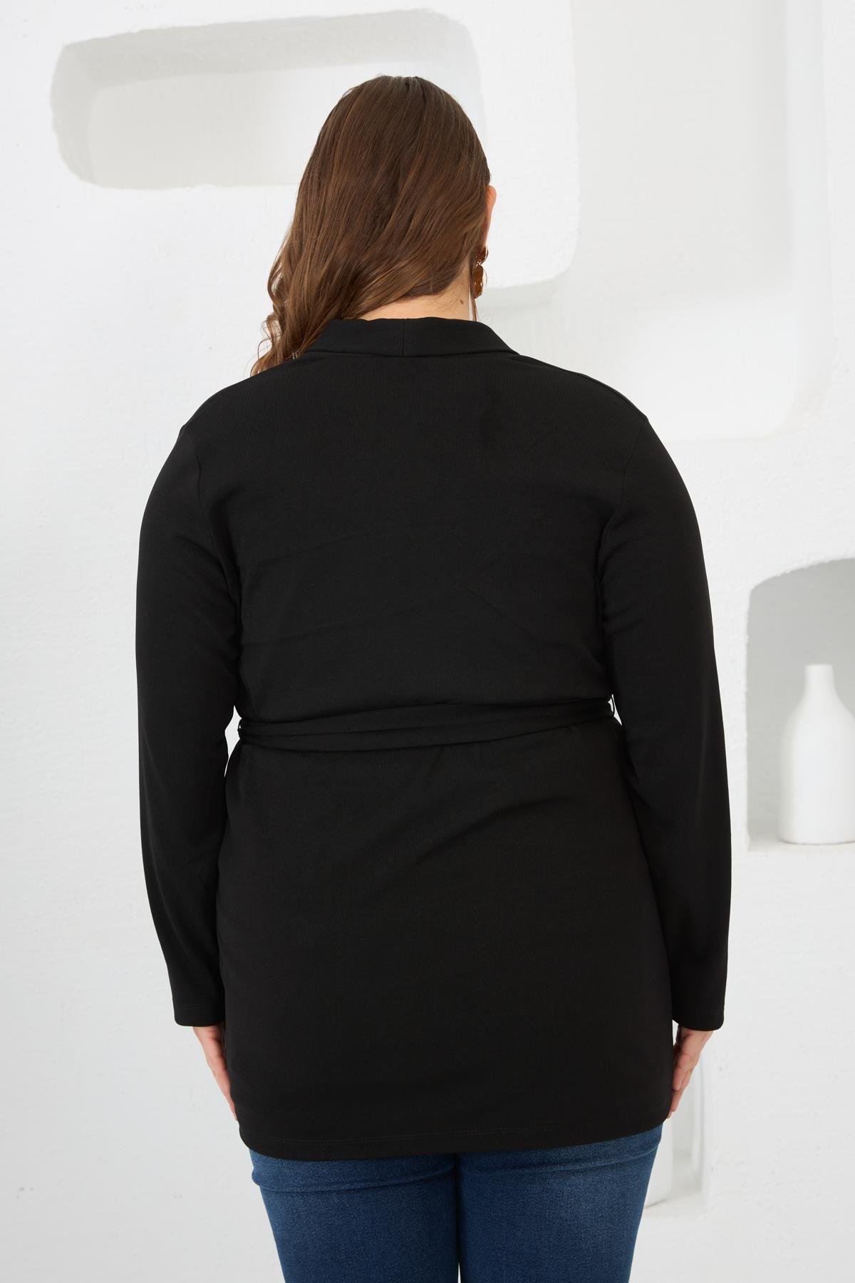 Belden Bağlamalı Örme Büyük Beden Hırka Siyah