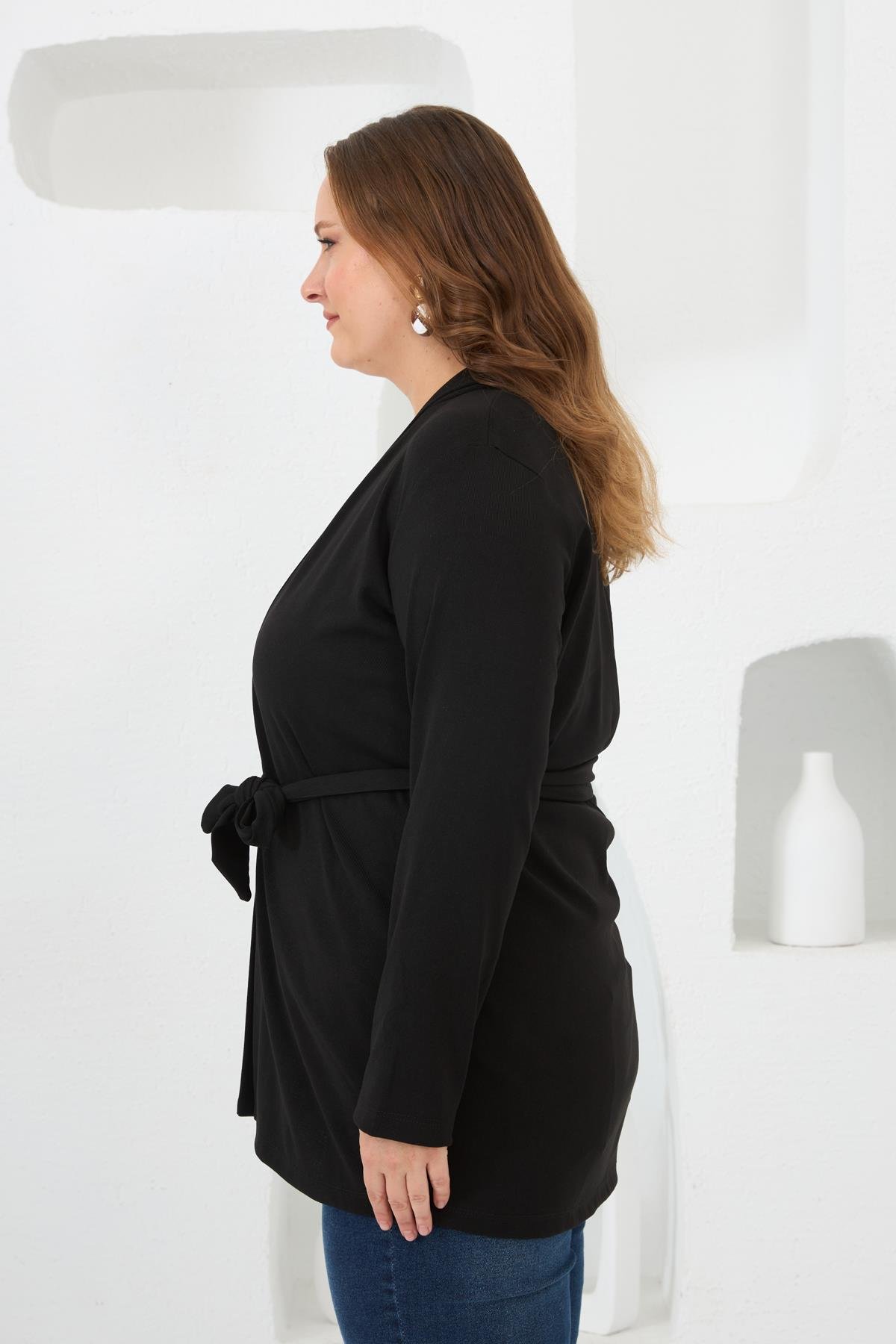Belden Bağlamalı Örme Büyük Beden Hırka Siyah