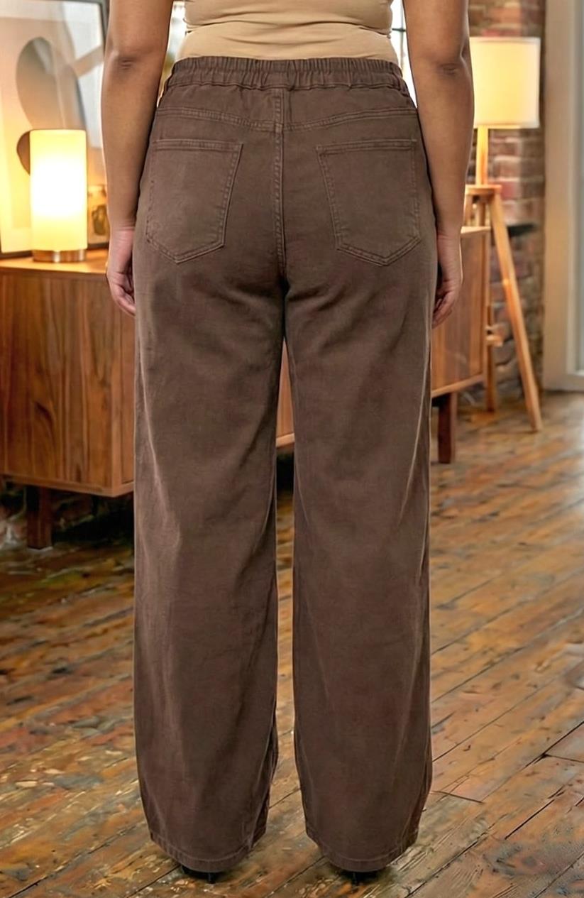 Beli Lastikli Bol Paça Büyük Beden Kot Pantolon Kahve