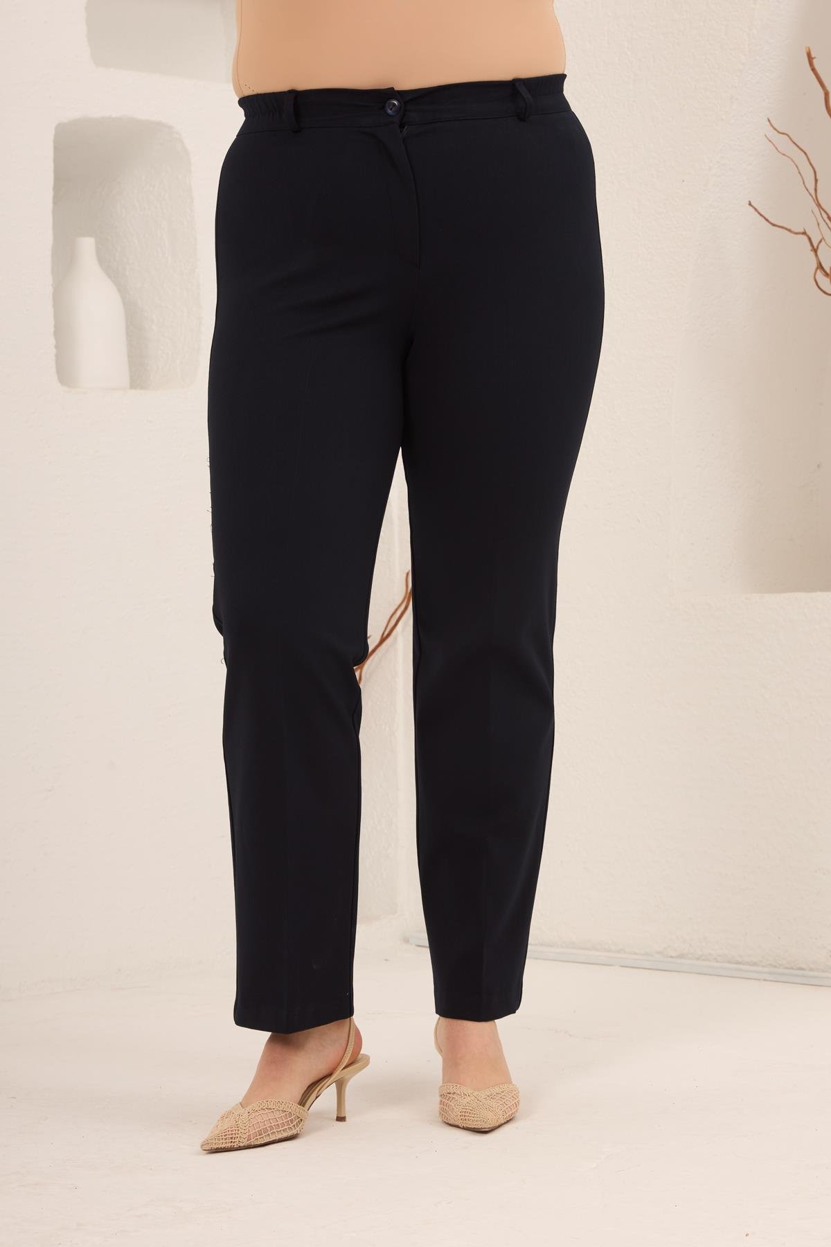 Beli Lastikli Büyük Beden Gabardin Geniş Paça Pantolon Lacivert - RMG