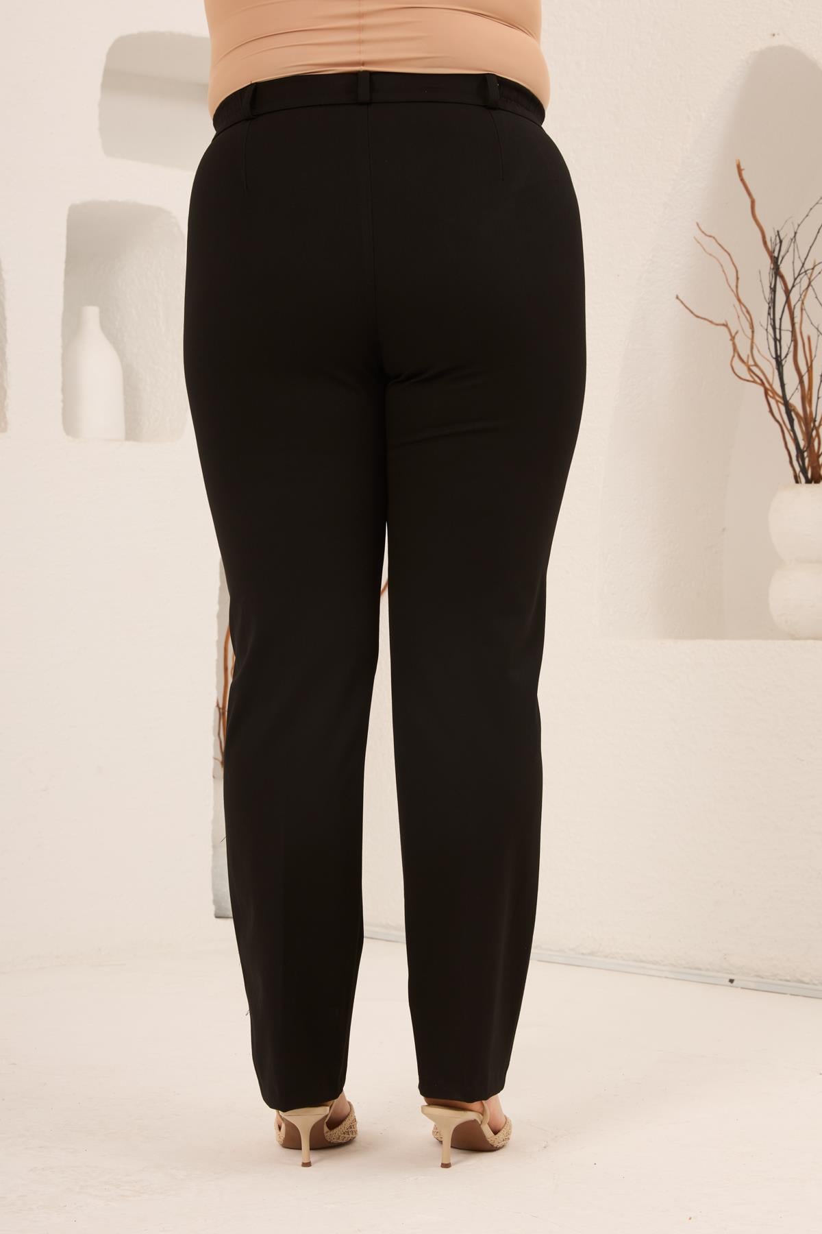 Beli Lastikli Büyük Beden Gabardin Geniş Paça Pantolon Siyah - RMG
