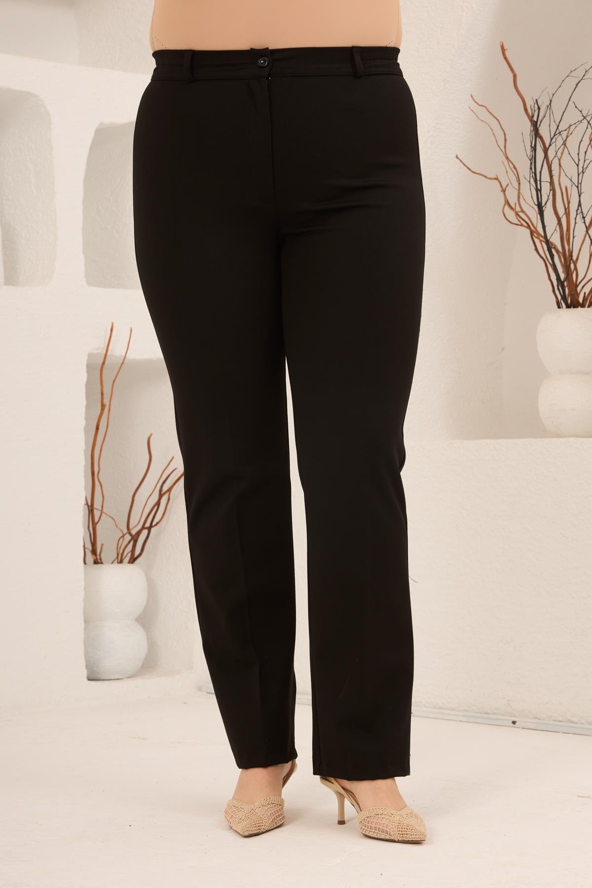 Beli Lastikli Büyük Beden Gabardin Geniş Paça Pantolon Siyah - RMG