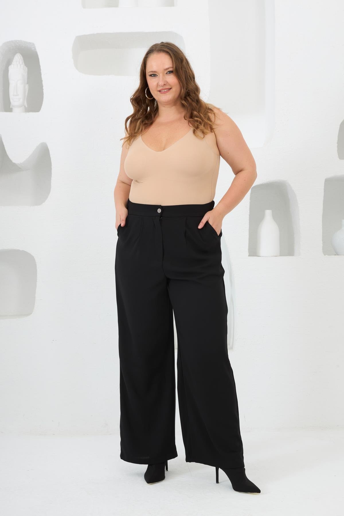 Beli Lastikli Geniş Paça Büyük Beden Pantolon Siyah