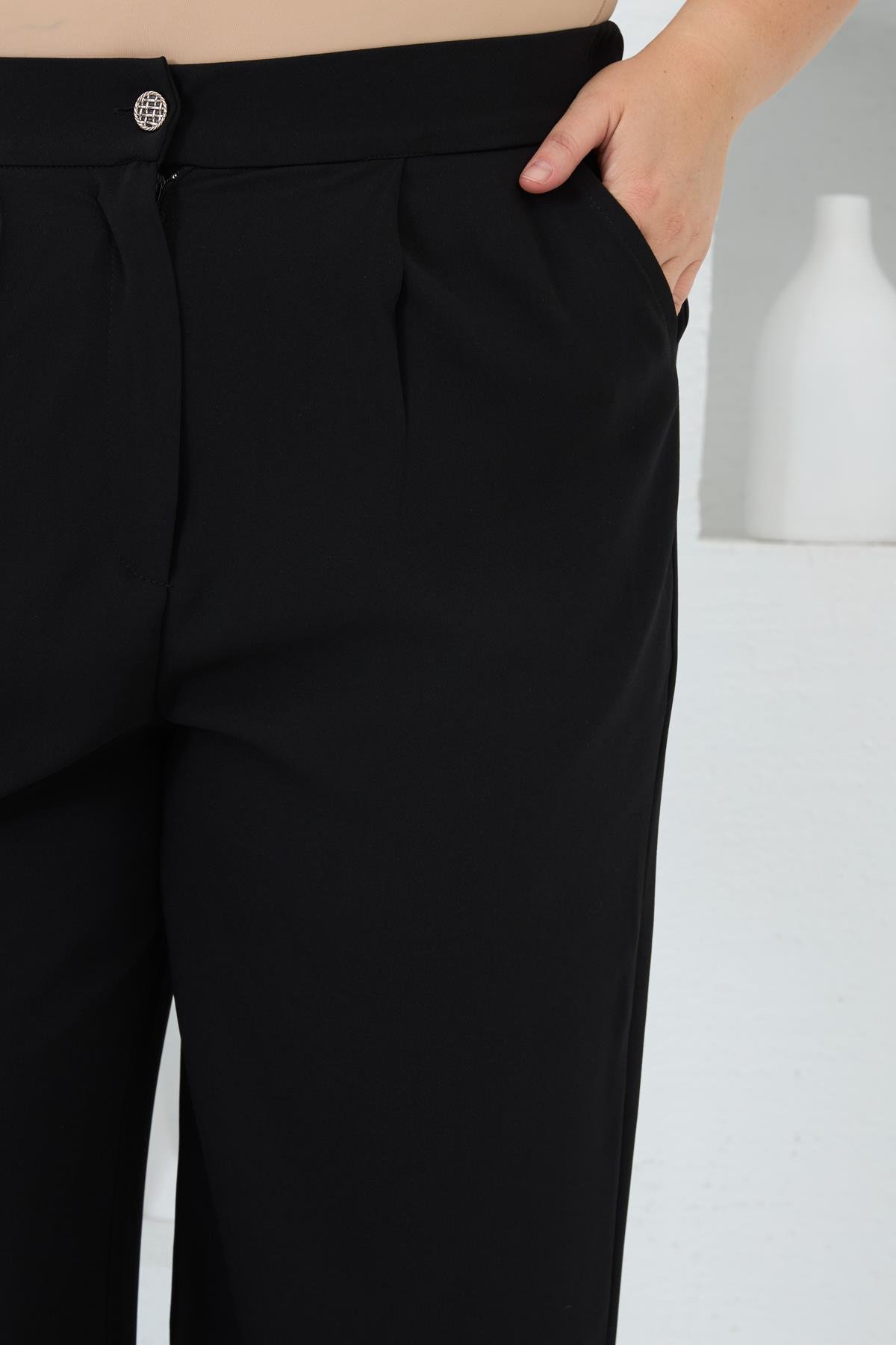 Beli Lastikli Geniş Paça Büyük Beden Pantolon Siyah