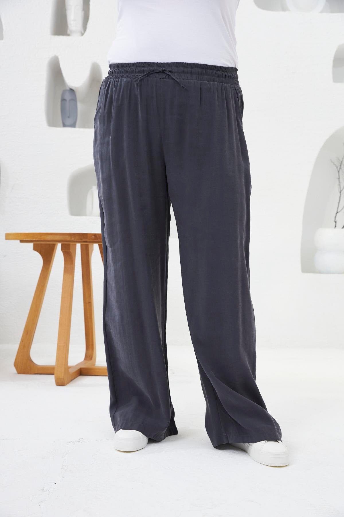 Beli Lastikli Geniş Paça Büyük Beden Pantolon Füme