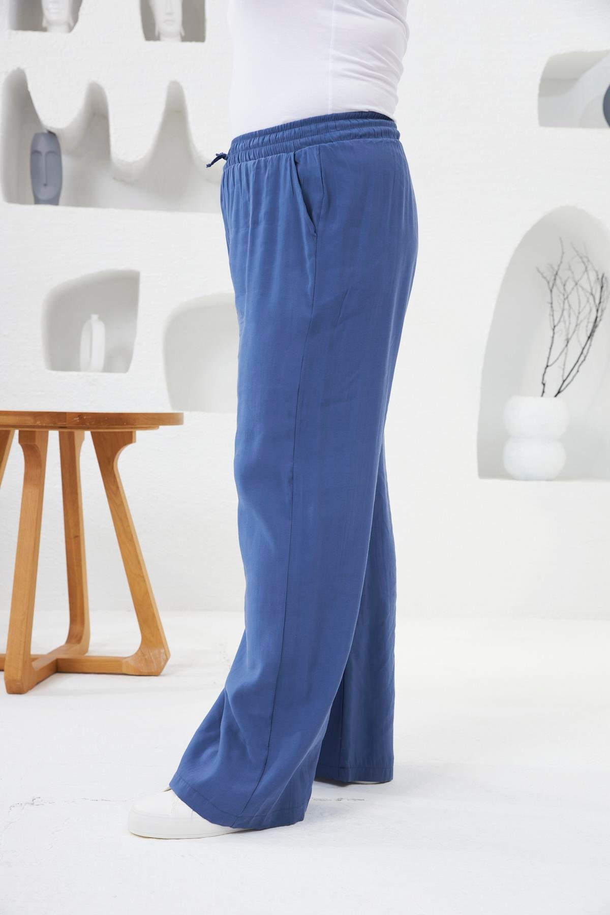 Beli Lastikli Geniş Paça Büyük Beden Pantolon İndigo