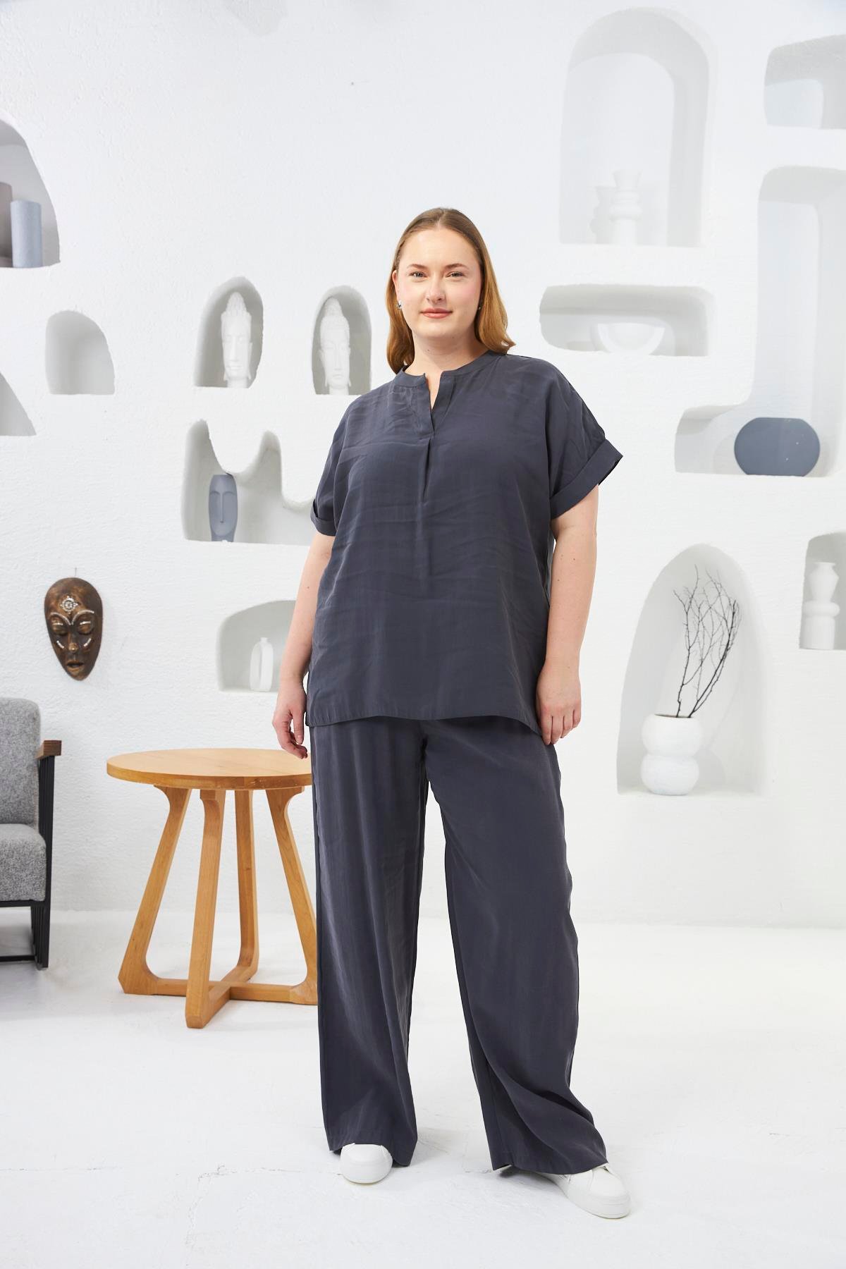 Beli Lastikli Geniş Paça Büyük Beden Pantolon Füme