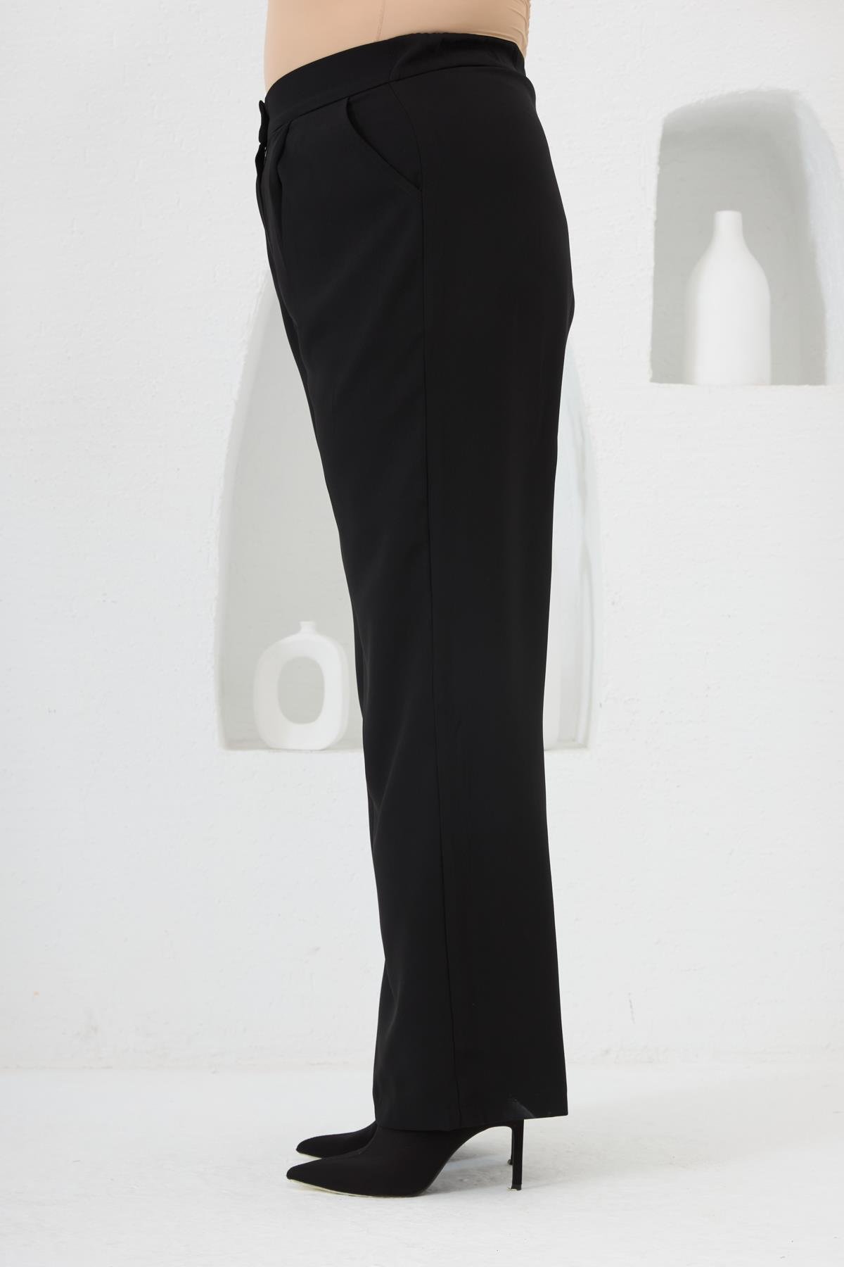 Beli Lastikli Geniş Paça Büyük Beden Pantolon Siyah