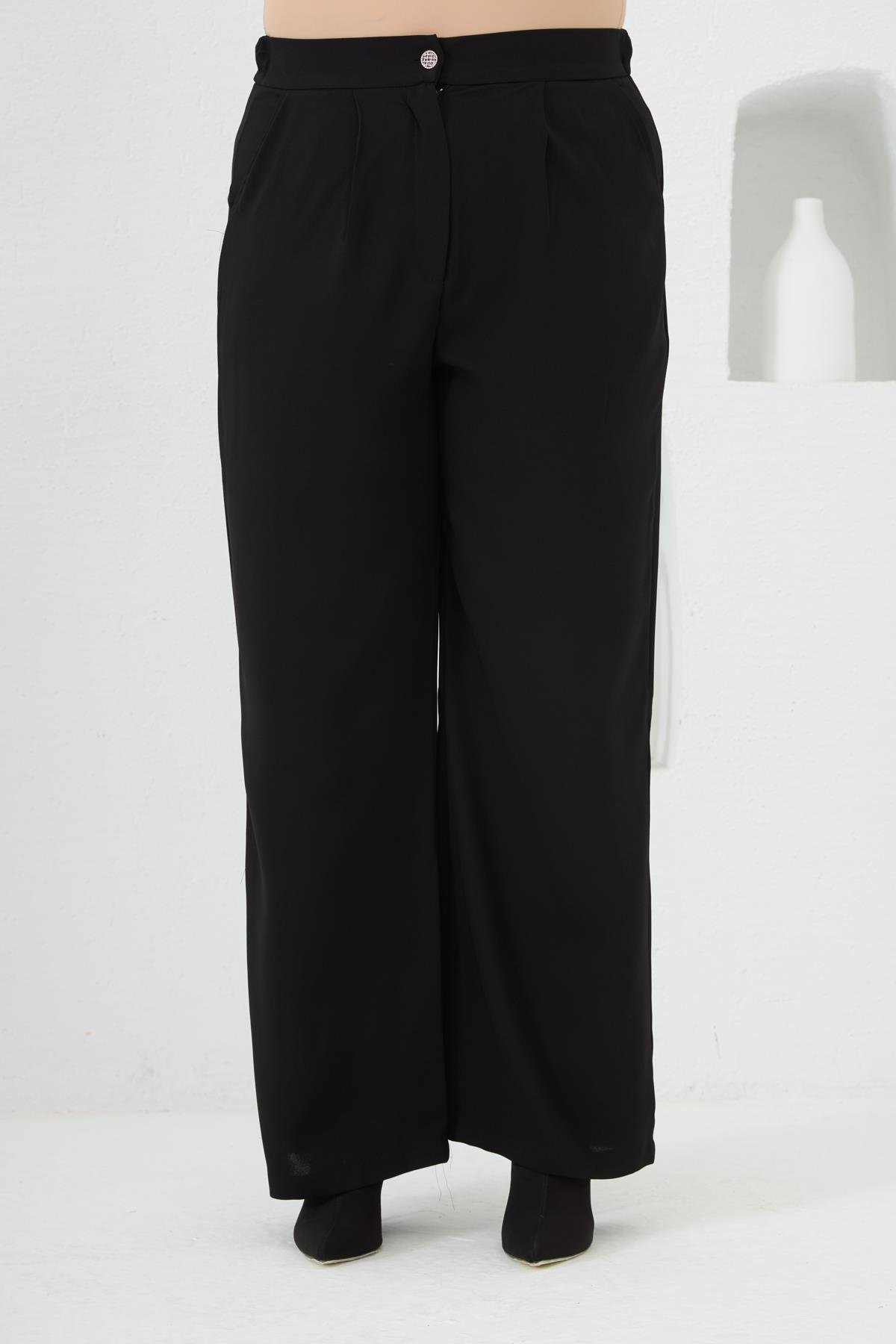 Beli Lastikli Geniş Paça Büyük Beden Pantolon Siyah