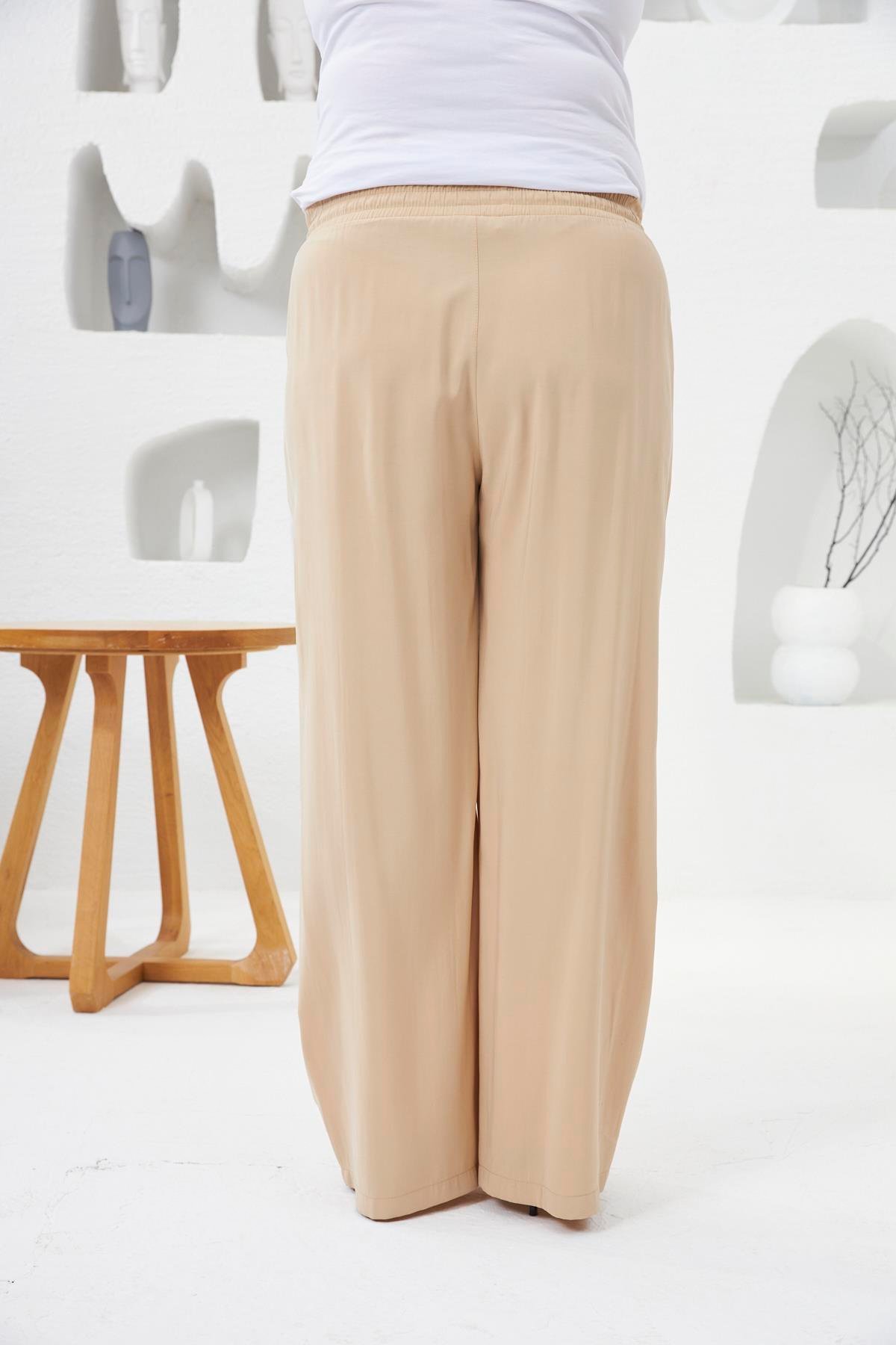 Beli Lastikli Geniş Paça Büyük Beden Pantolon Krem