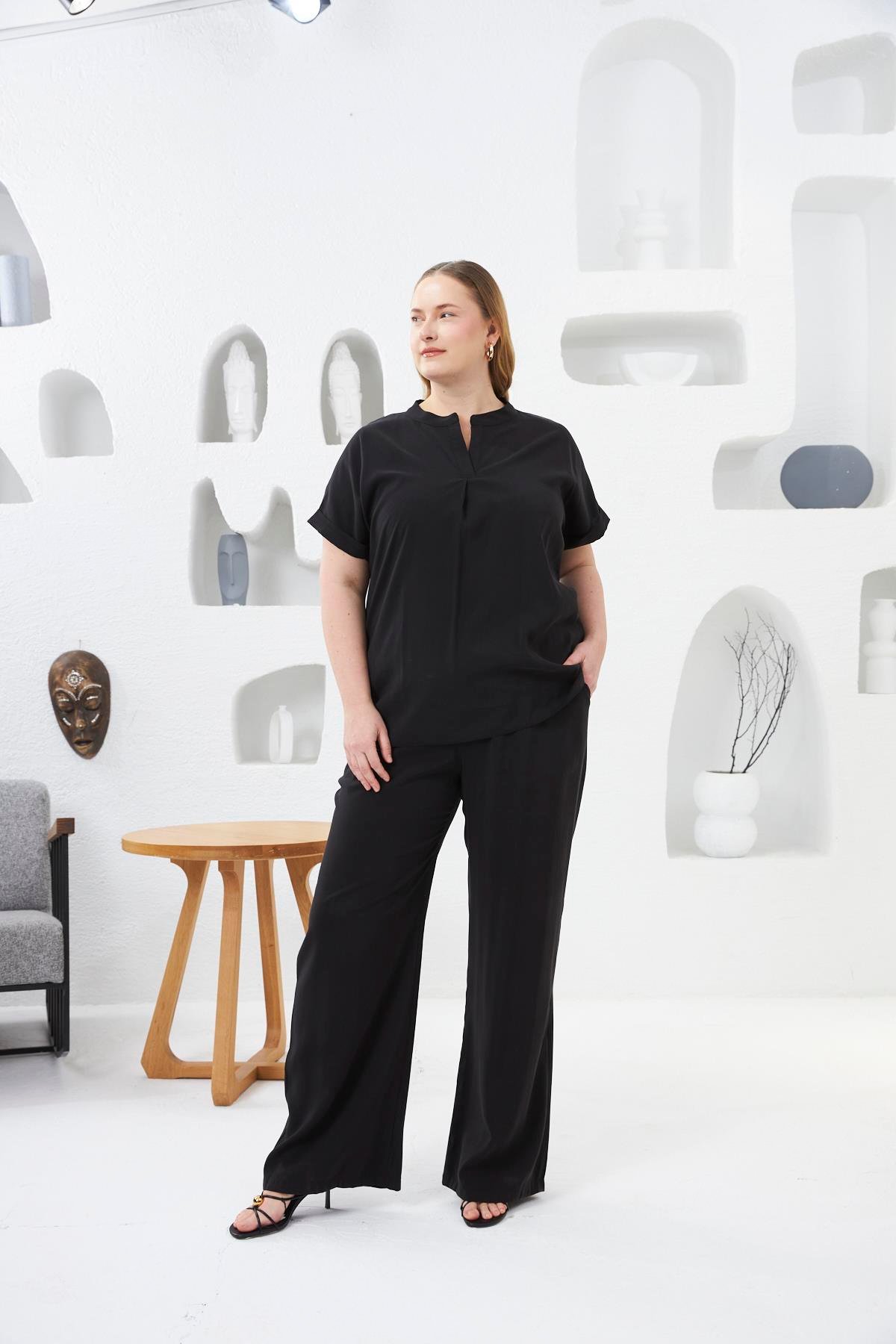 Beli Lastikli Geniş Paça Büyük Beden Pantolon Siyah