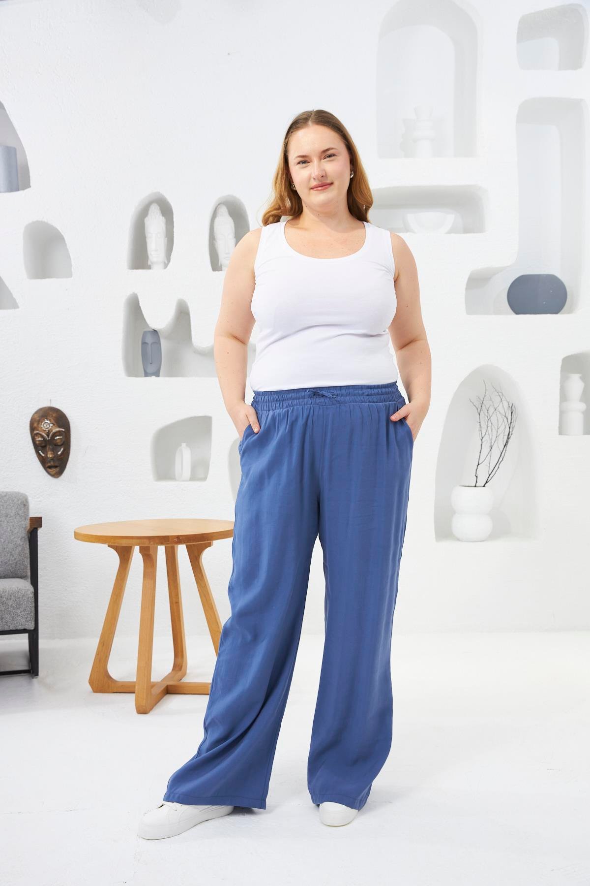 Beli Lastikli Geniş Paça Büyük Beden Pantolon İndigo