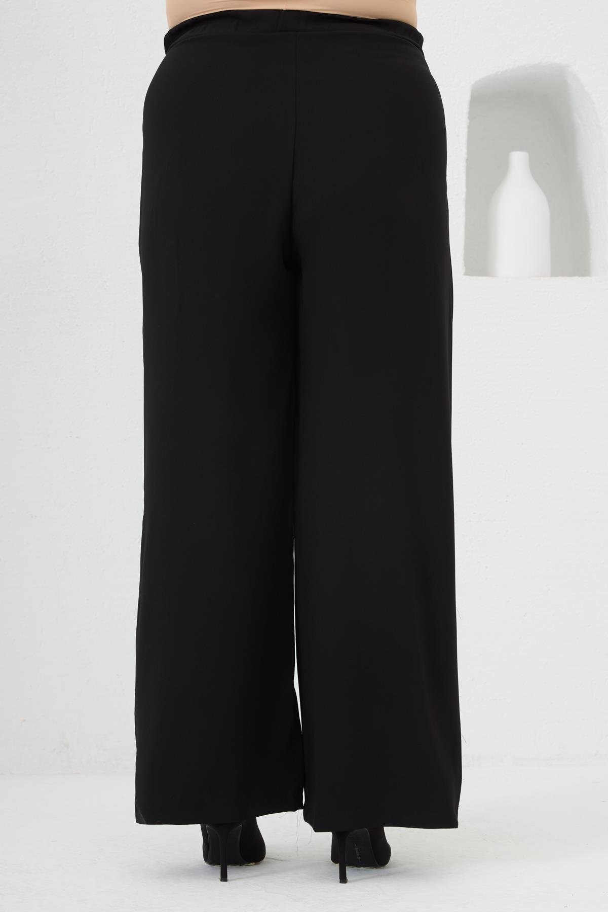 Beli Lastikli Geniş Paça Büyük Beden Pantolon Siyah
