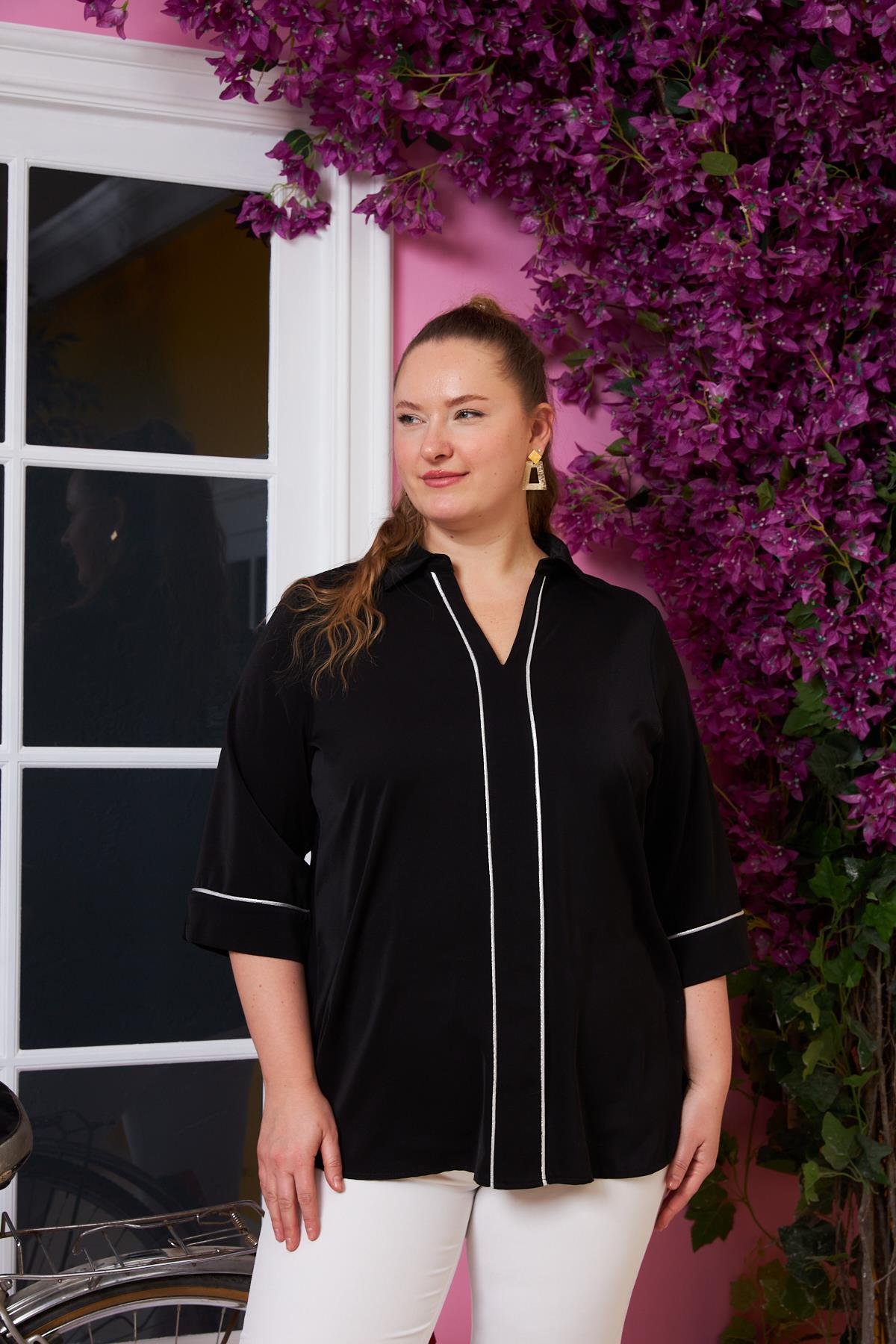 Biye Detaylı Gömlek Yaka Büyük Beden Bluz Siyah