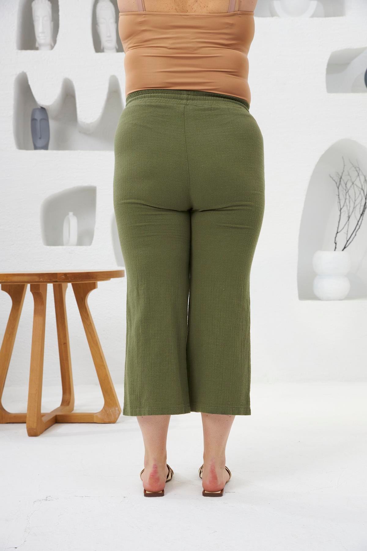 Bol Paça Büyük Beden Pamuklı Pantolon Kapri Haki