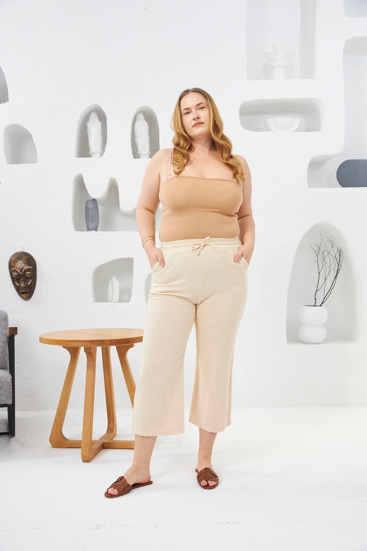 Bol Paça Büyük Beden Pamuklu Pantolon Kapri Krem