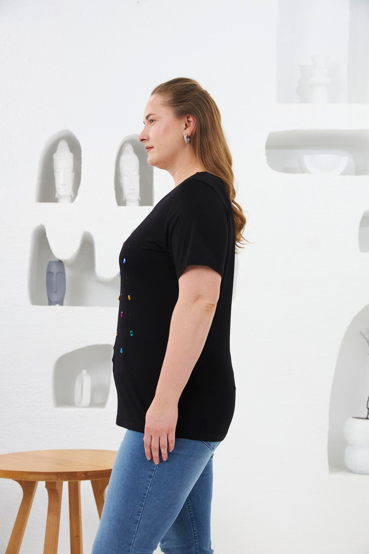 Boncuk Ve Taş İşlemeli Büyük Beden Tişört Siyah