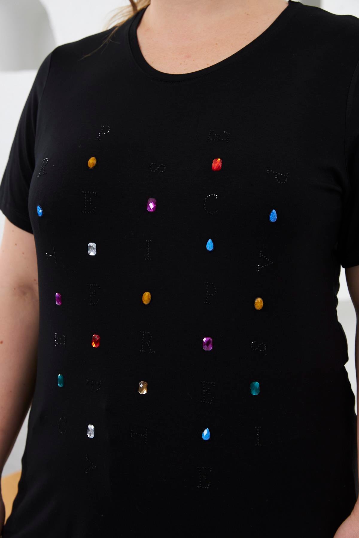 Boncuk Ve Taş İşlemeli Büyük Beden Tişört Siyah