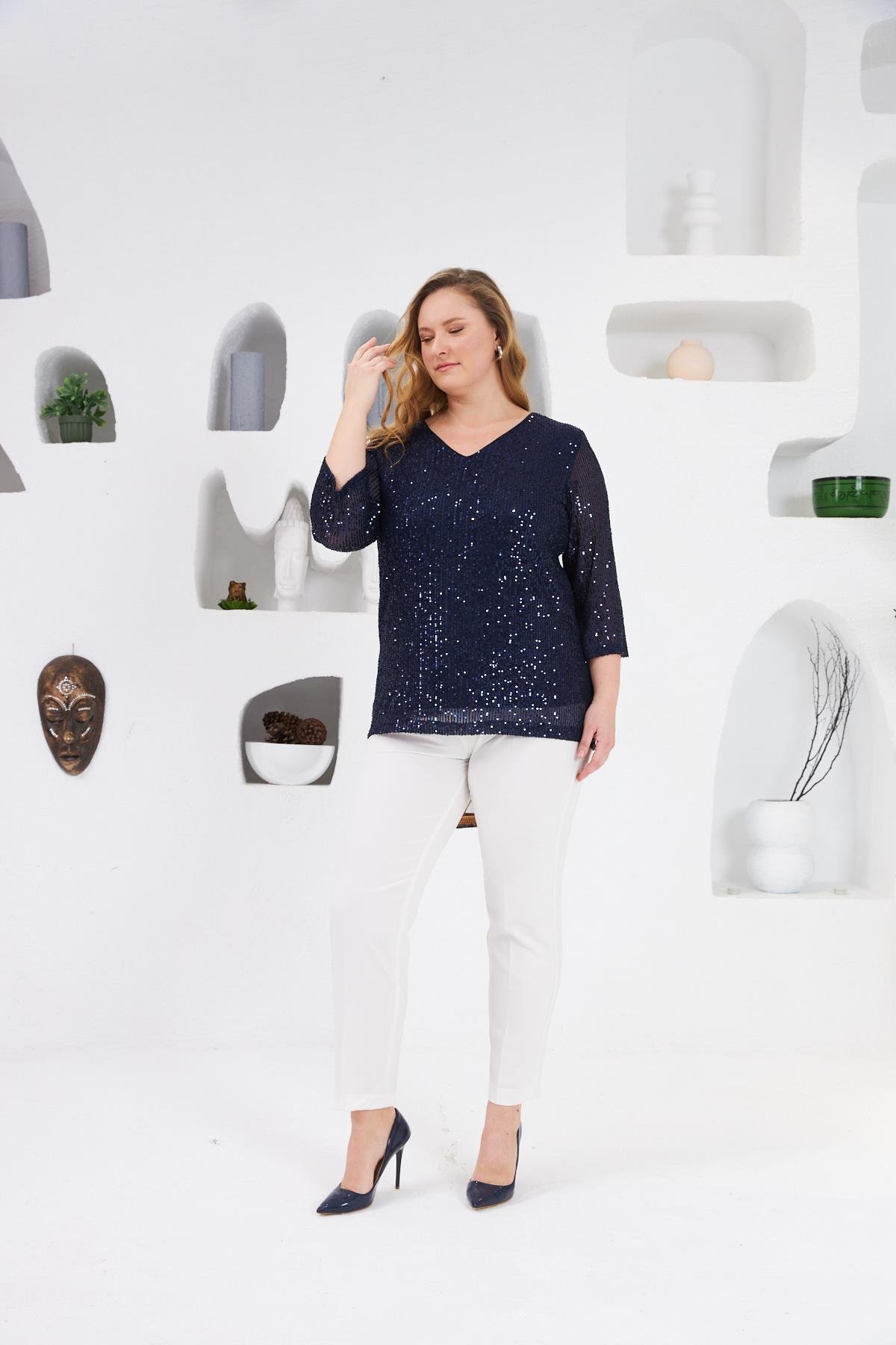 Büyük Beden Astarlı Pul Payet Bluz Lacivert