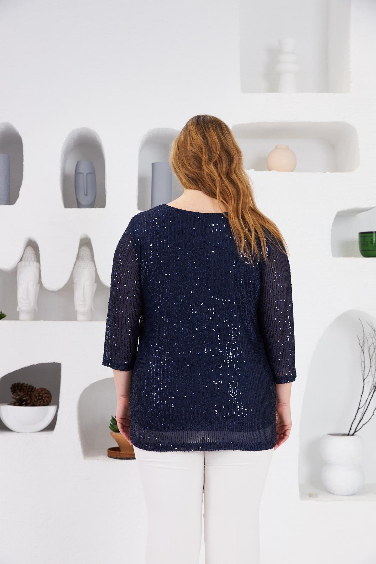 Büyük Beden Astarlı Pul Payet Bluz Lacivert