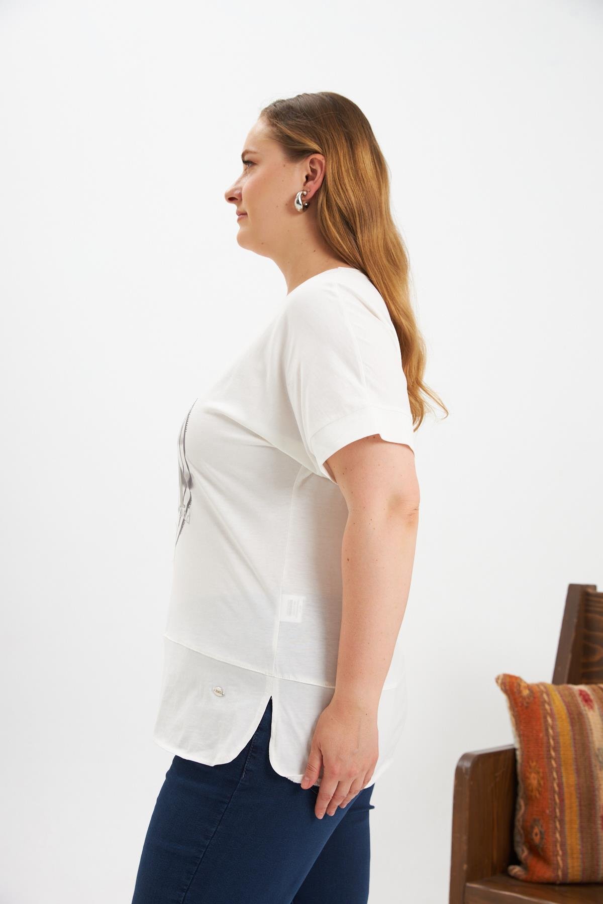 Büyük Beden Baskılı Tişört Ekru