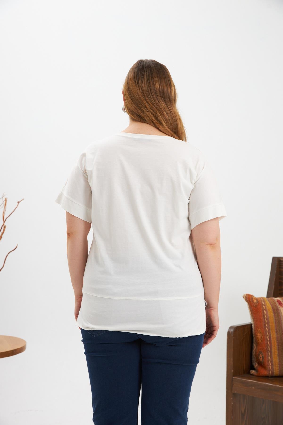 Büyük Beden Baskılı Tişört Ekru