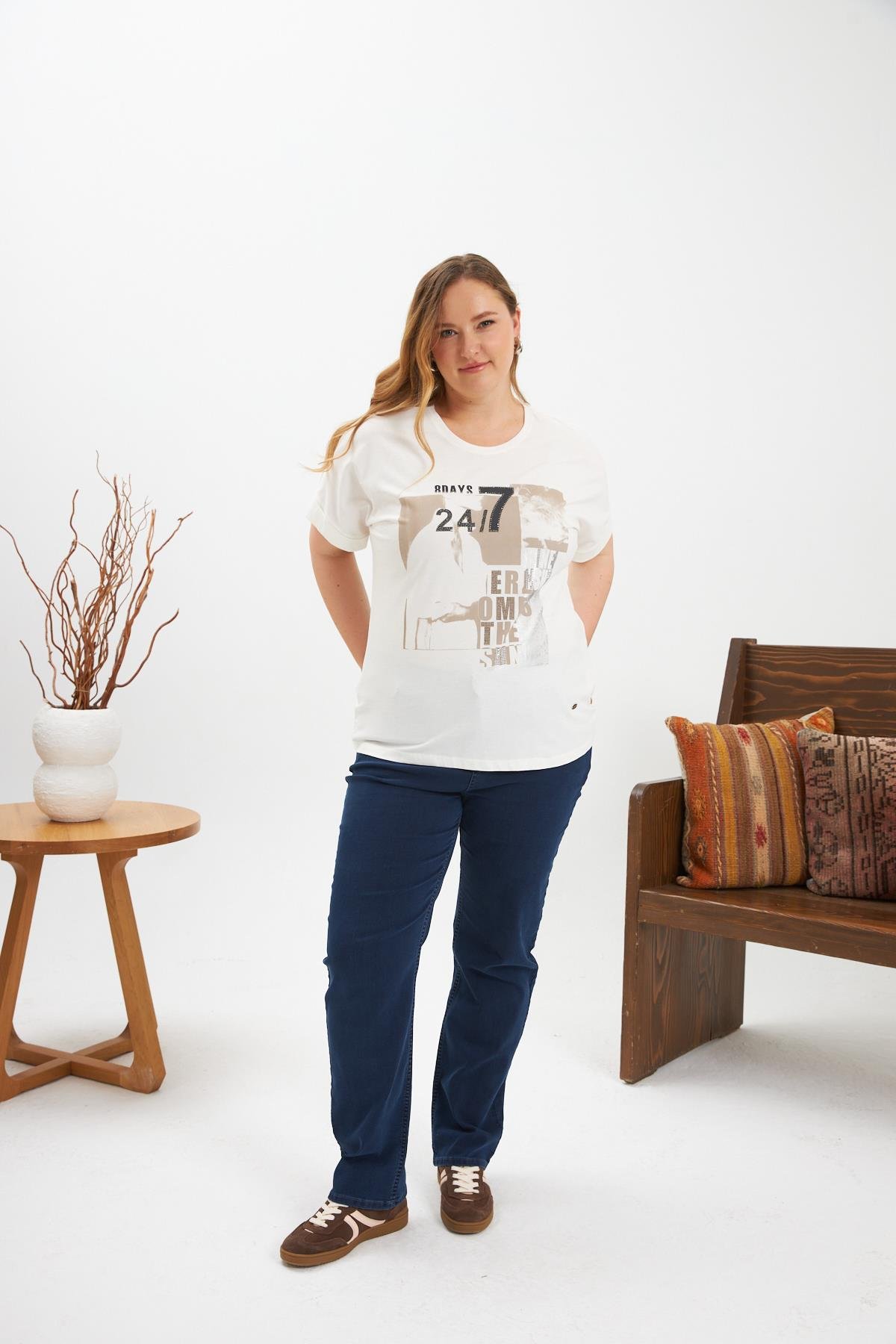 Büyük Beden Baskılı Tişört Ekru