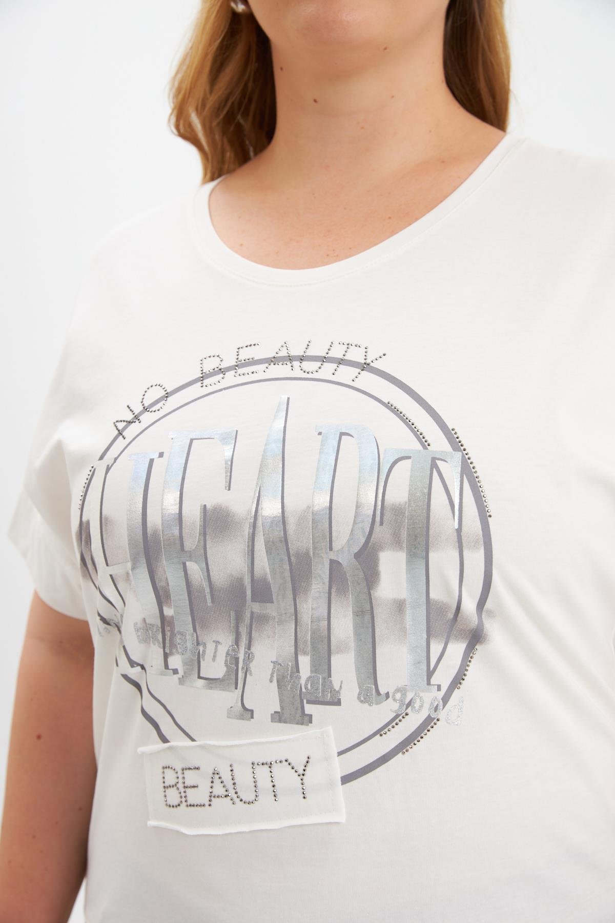 Büyük Beden Baskılı Tişört Ekru