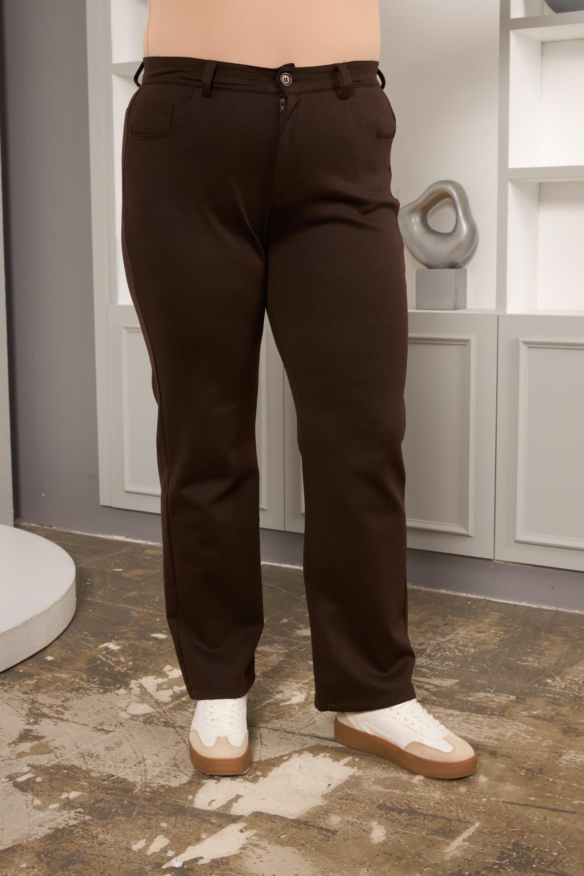 Büyük Beden Boru Paça Çelik Örme Pantolon Kahve