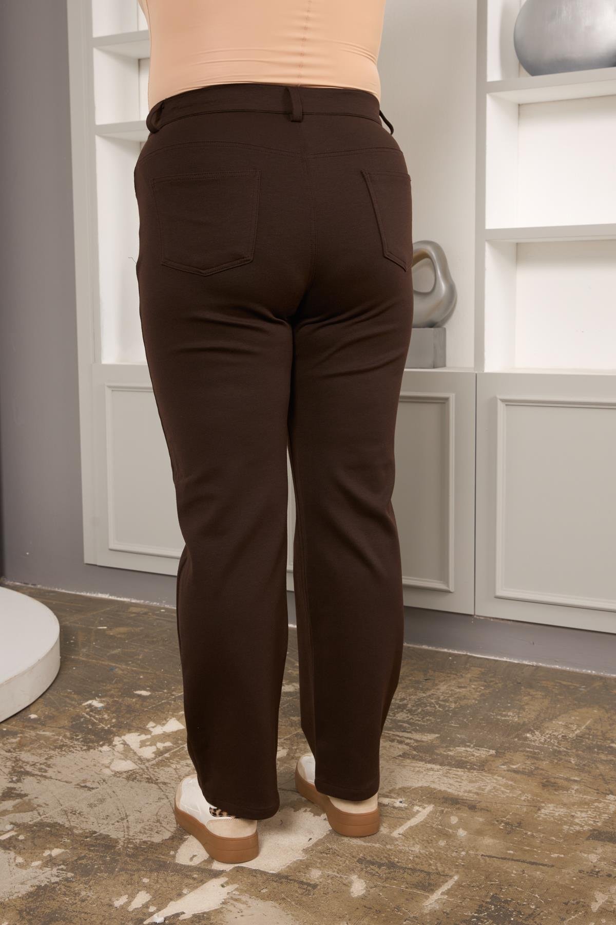 Büyük Beden Boru Paça Çelik Örme Pantolon Kahve