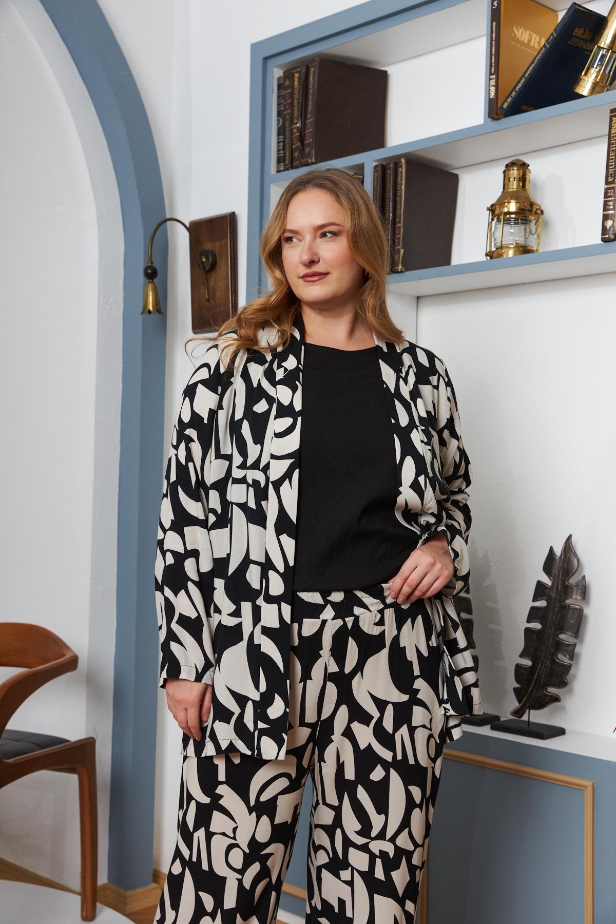 Büyük Beden Ceket-Atlet-Pantolon Viskon Takım Siyah