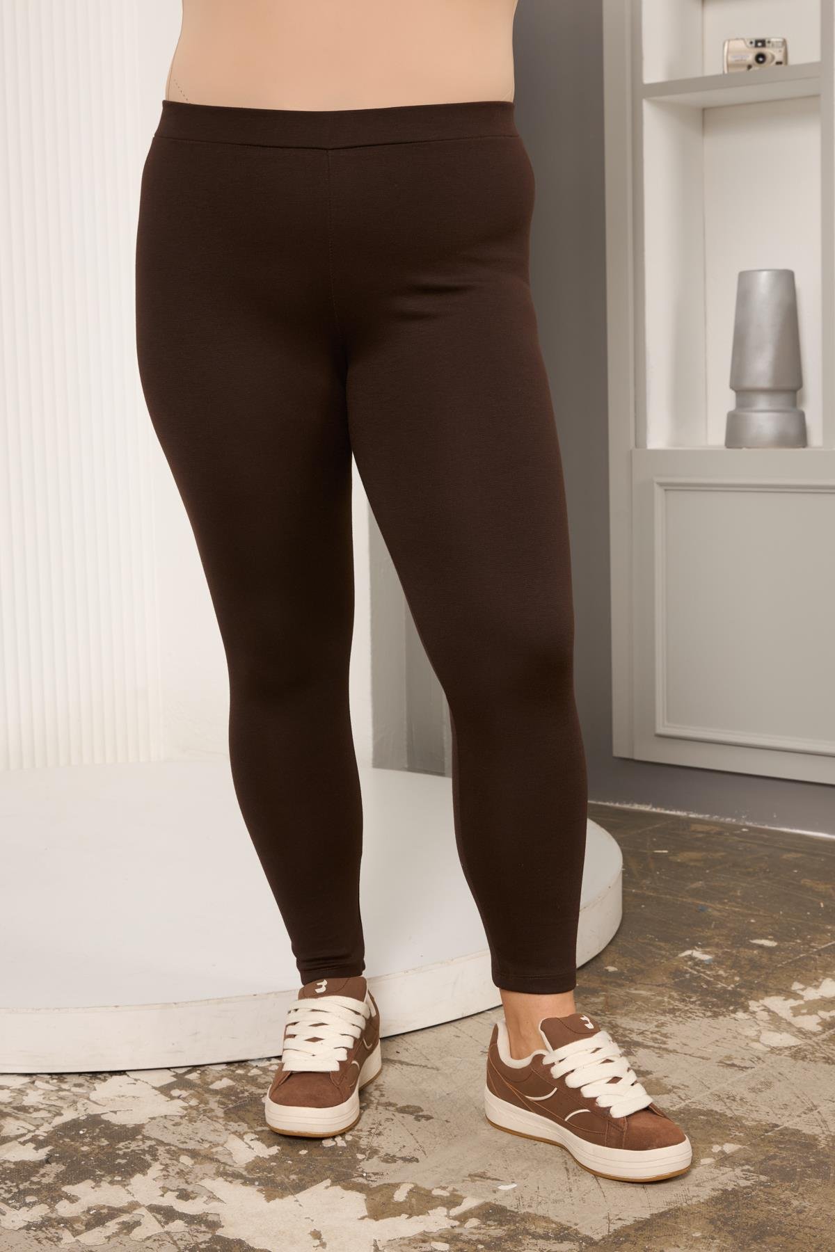 Büyük Beden Çelik Örme Tayt Kahve