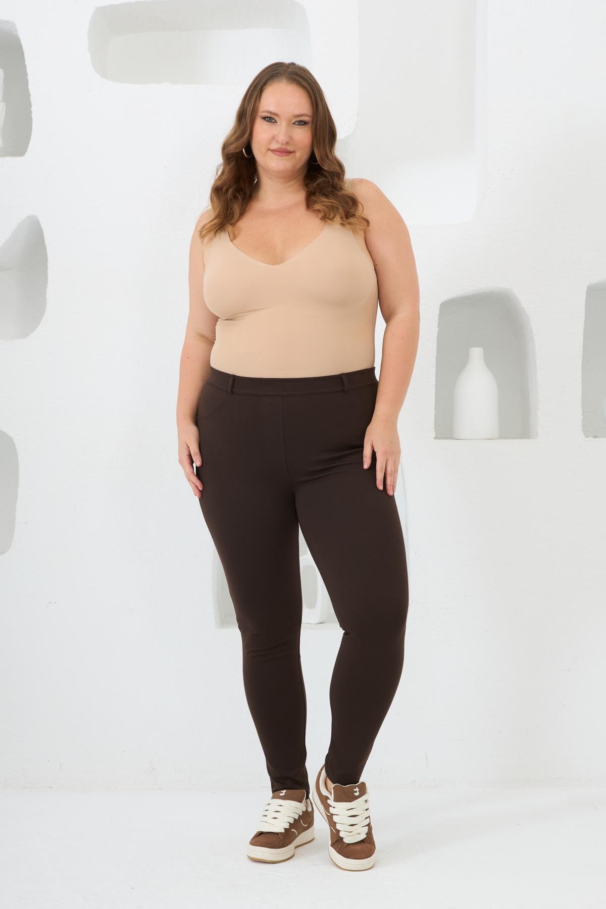 Büyük Beden Çelik Örme Taytpantolon Kahverengi