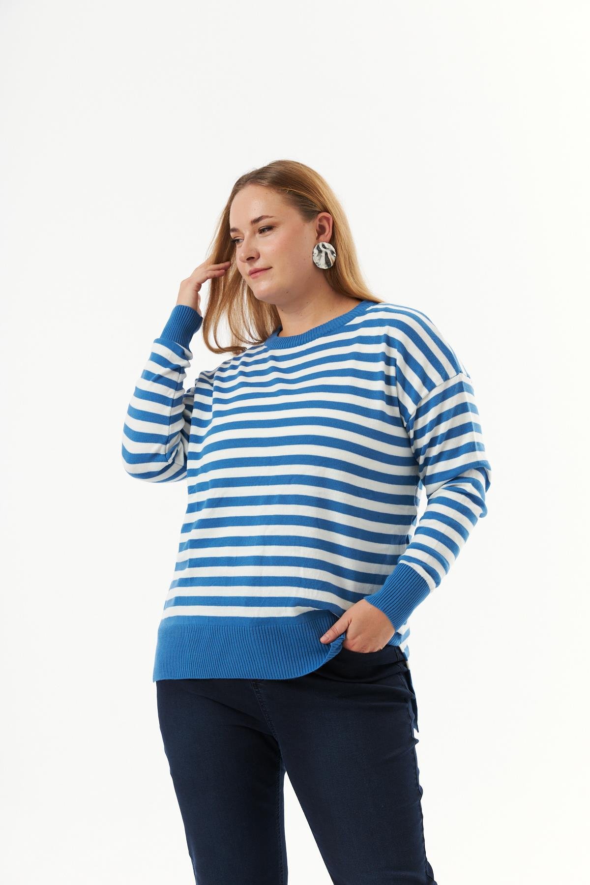 Büyük Beden Çizgili Triko Kazak İndigo