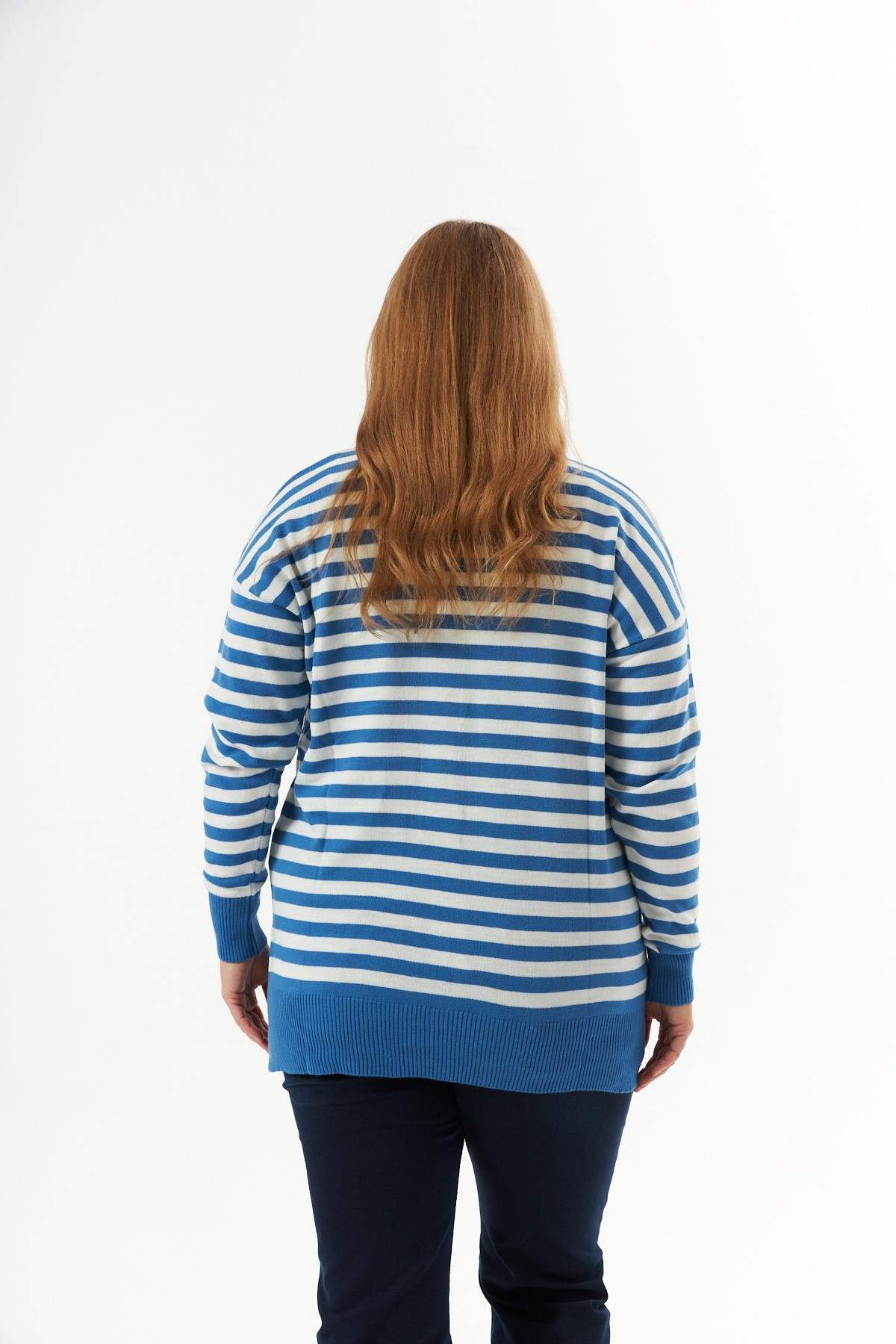 Büyük Beden Çizgili Triko Kazak İndigo