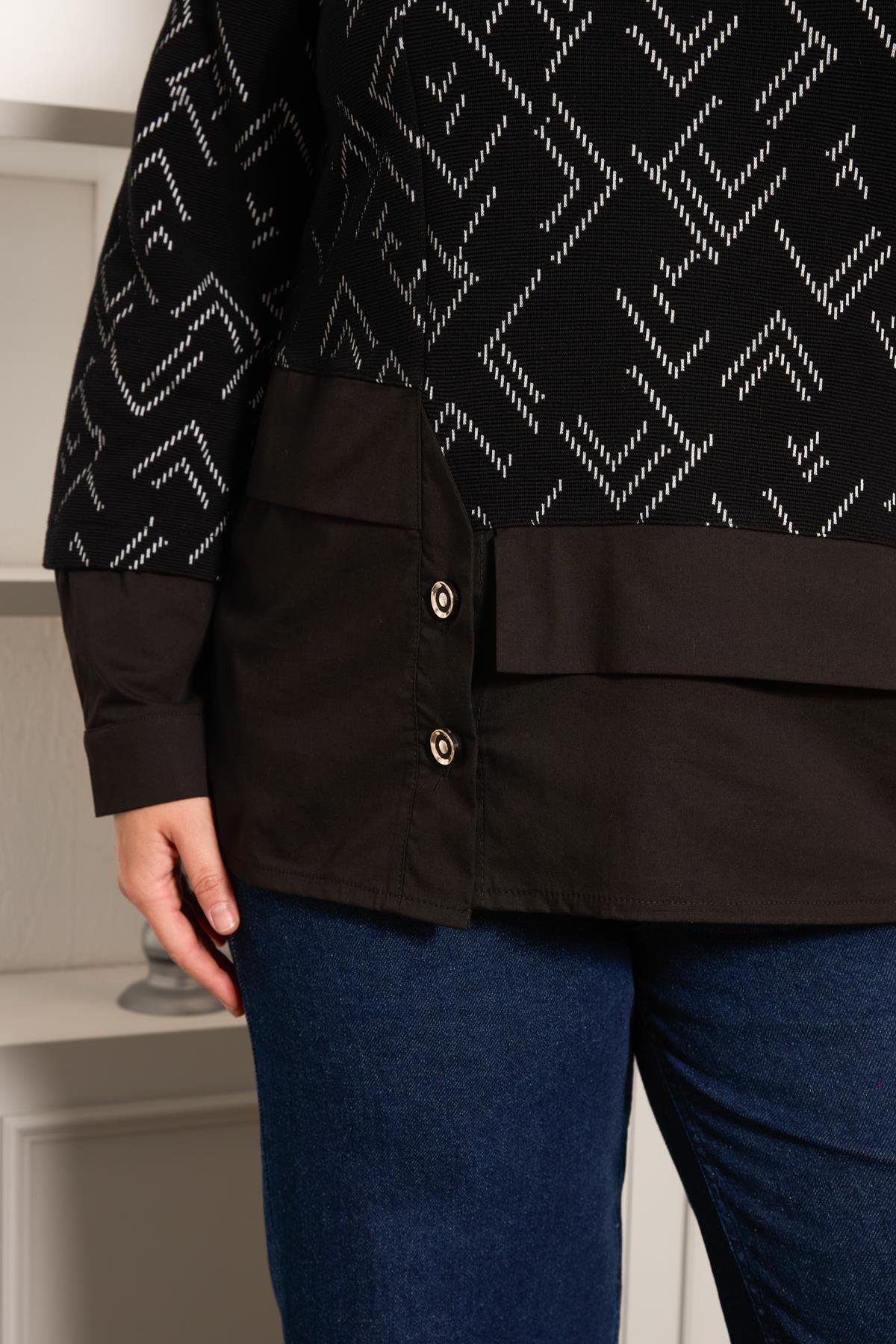 Büyük Beden Garnili Bluz Siyah