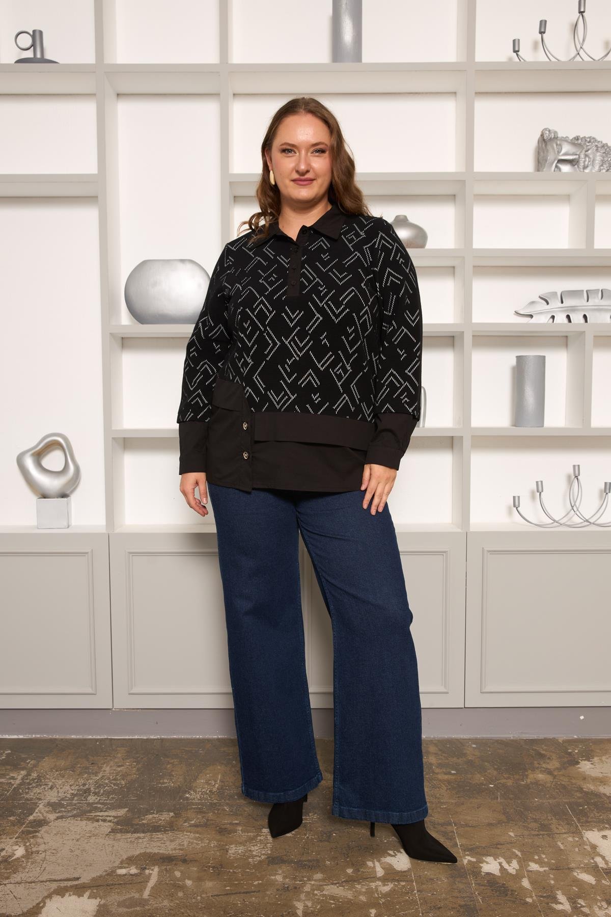 Büyük Beden Garnili Bluz Siyah