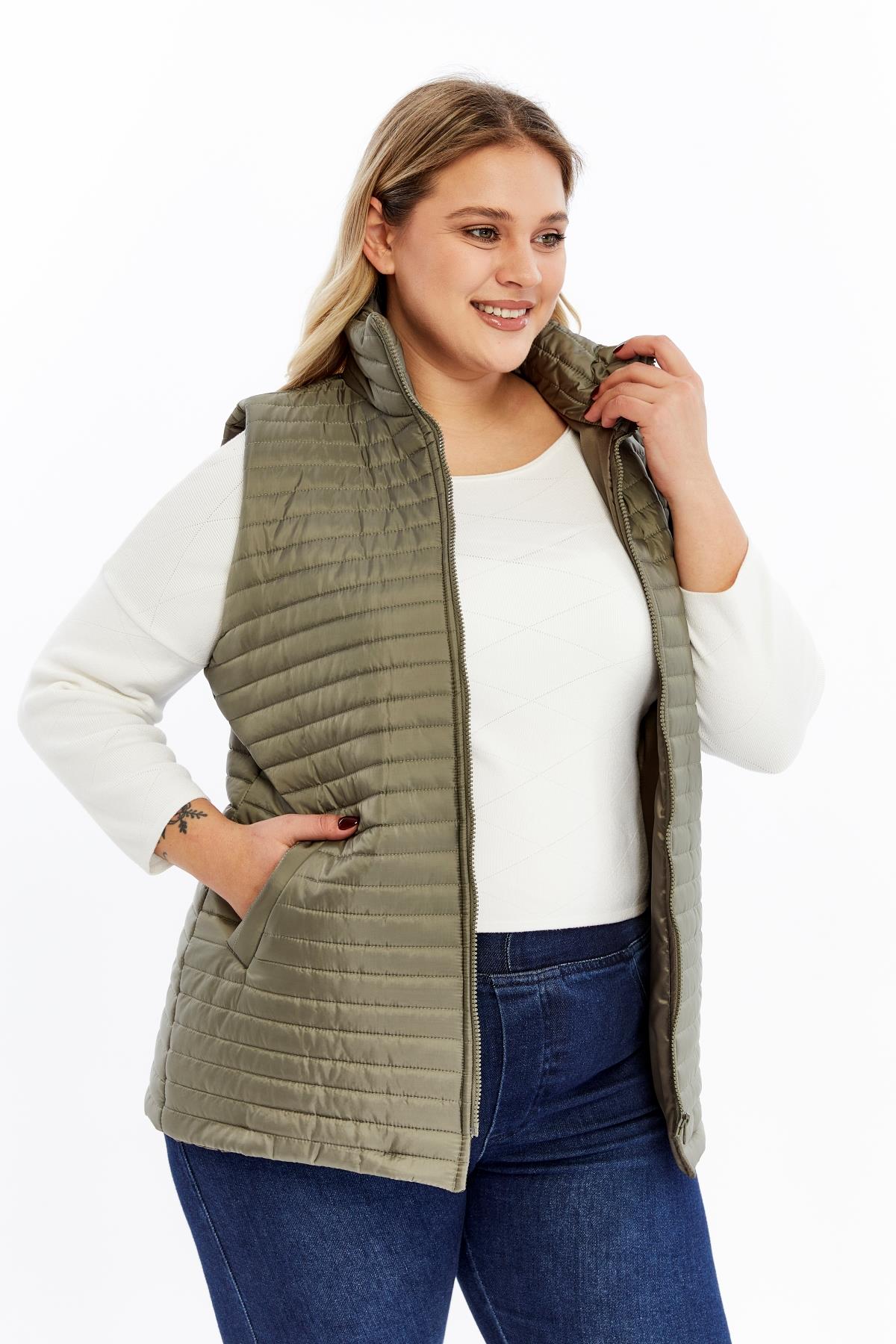 Büyük Beden Kadın Kapitone Şişme Yelek Haki