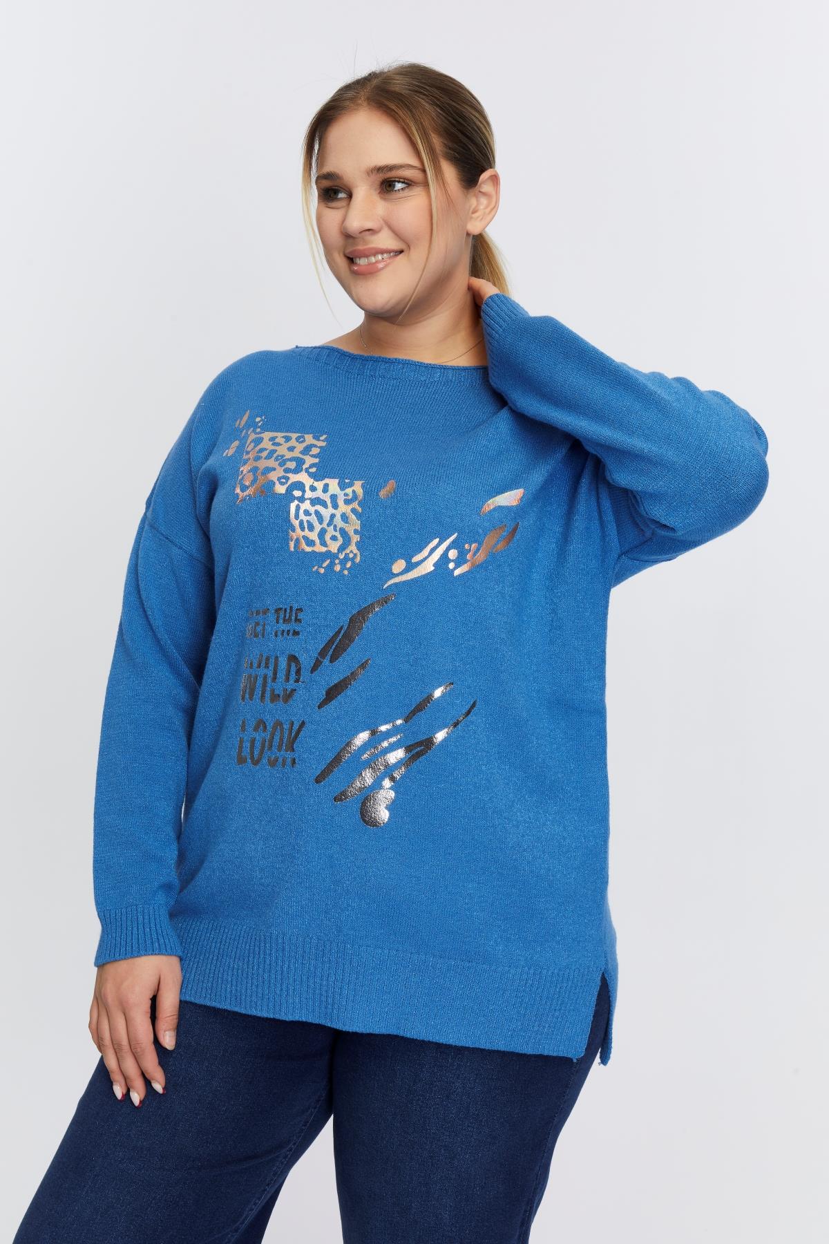 Büyük Beden Kayık Yaka Leopar Desen Baskılı Triko İndigo